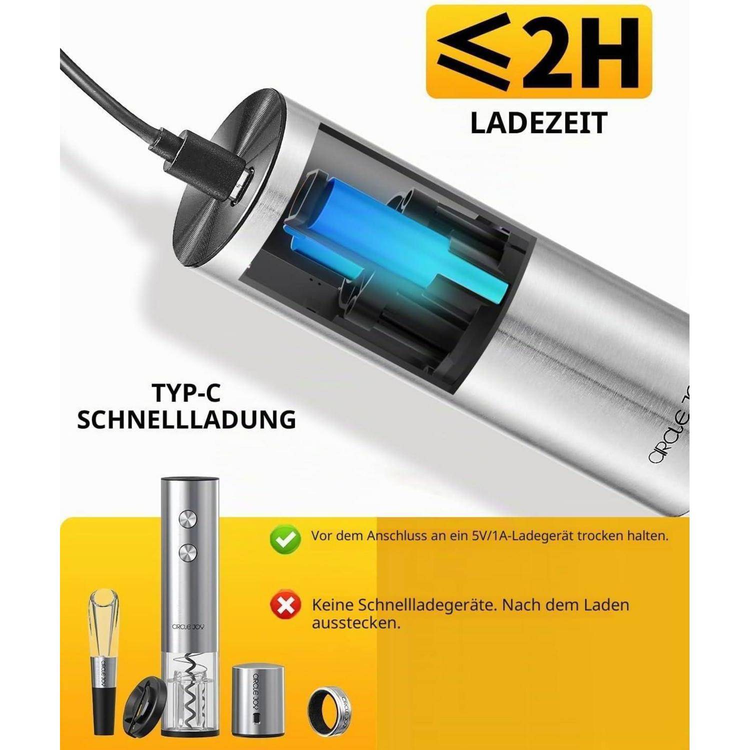 Werbebild eines wiederaufladbaren elektrischen Weinöffners, der über USB-C aufgeladen wird, mit Text „