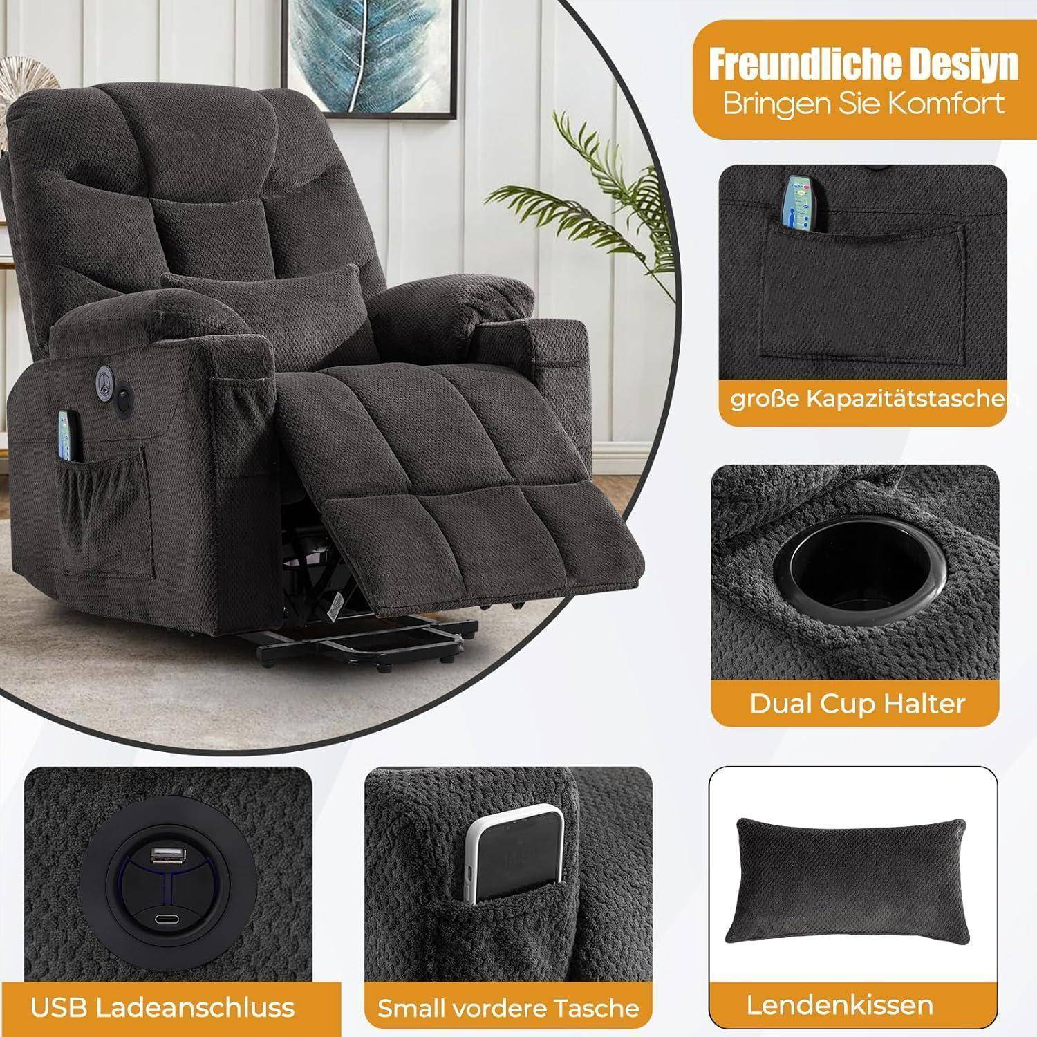 Werbebild eines dunkelgrauen Relaxsessels mit Seitentasche, Getränkehaltern, USB-Anschluss, Fronttasche und Lendenkissen, gekennzeichnet mit „Freundliches Design