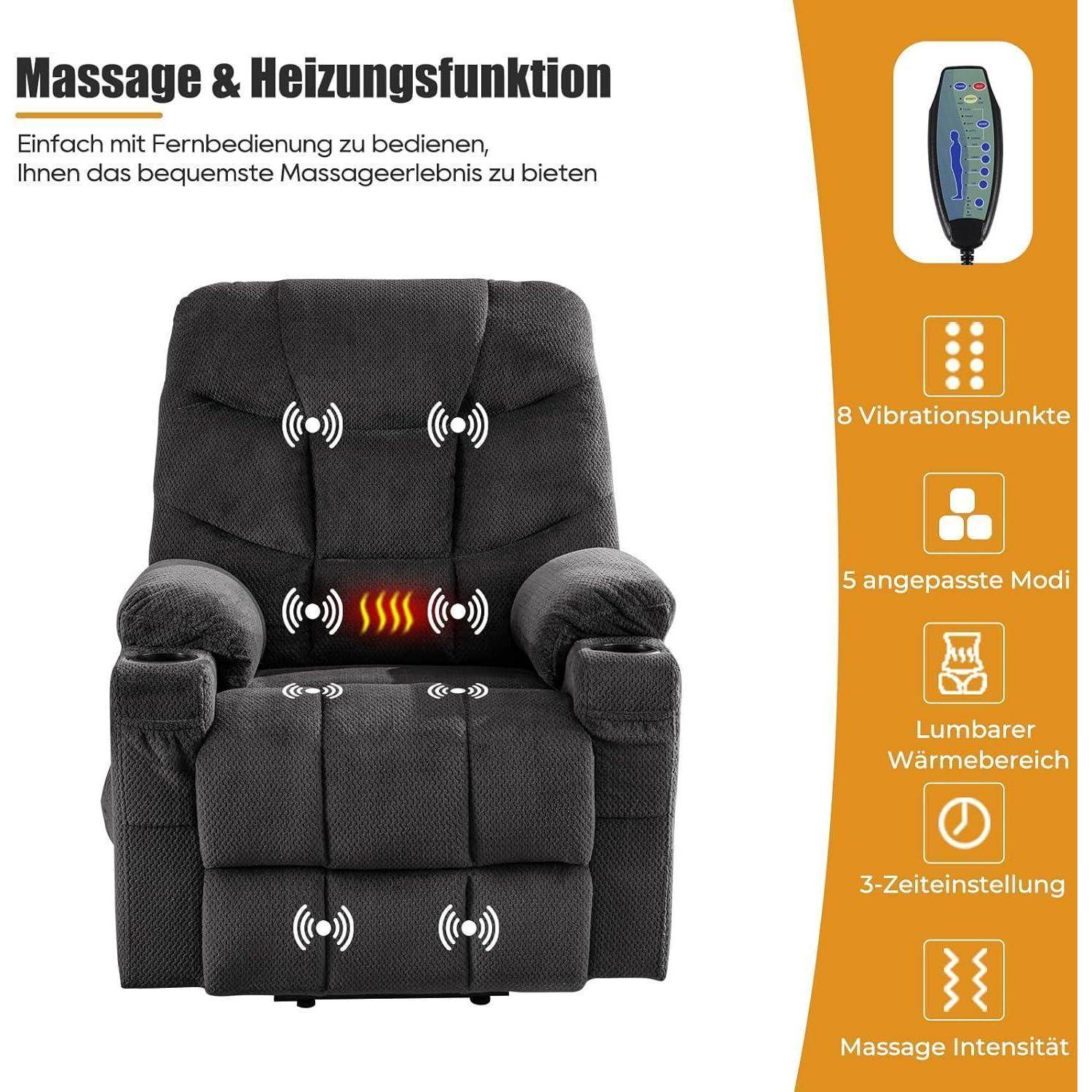 Schwarzer Massagesessel mit Fernbedienung, gekennzeichnet mit Massage- und Heizbungsfunktion, 8 Vibrationspunkte, 5 Modi, Lendenwärmebereich, 3 Timer-Einstellungen und einstellbare Massageintensität.