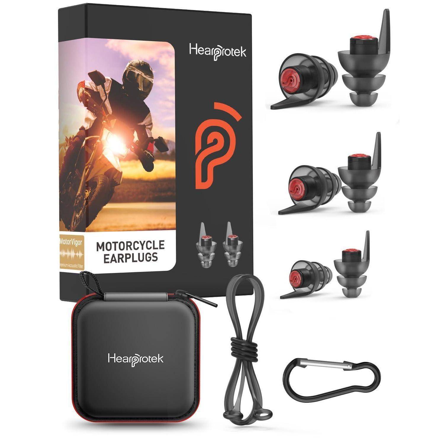 Produktbild von Hearprotek Motorrad-Ohrstöpseln mit Tragetasche, Schnur, drei Ohrstöpselgrößen und Karabinerhaken neben der Verpackung.