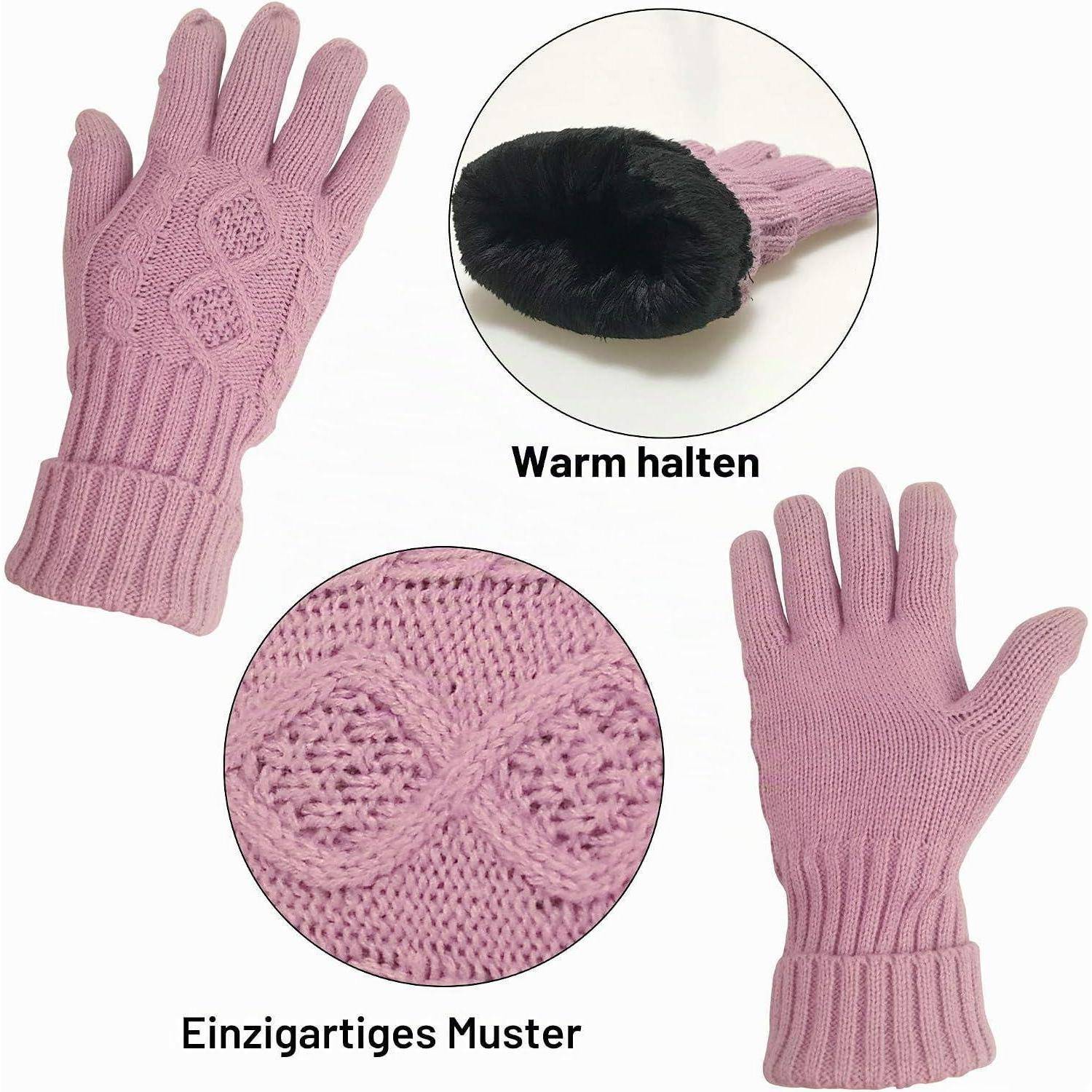 Rosa gestrickte Winterhandschuhe von vorne und hinten gezeigt, mit Nahaufnahmen, die die warme Fütterung und das einzigartige Zopfmuster hervorheben.