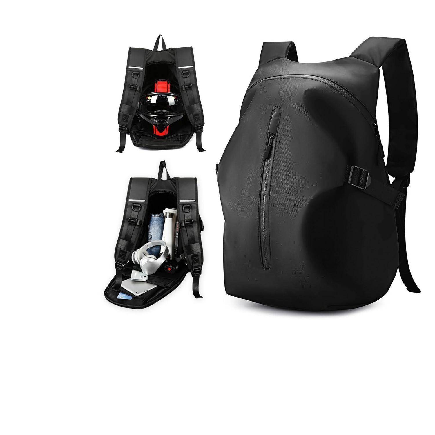 Schwarzer Rucksack mit aufklappbarem Frontöffnungs-Muscheldesign, der einen Helm und Ausrüstung verstaut, mit zwei kleineren Ansichten des organisierten Innenraums.