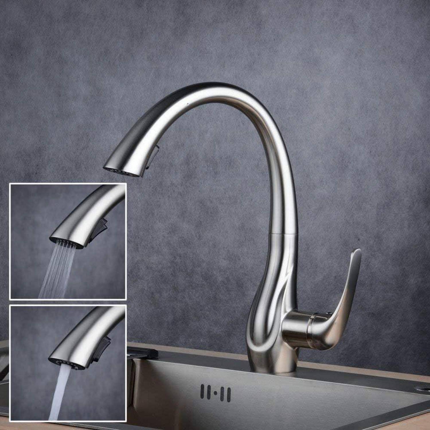 Moderner Chrom-Küchenarmatur über edelstahlenem Spülbecken, mit Detailansichten, die die Sprüh- und Strahlwassermodi zeigen.