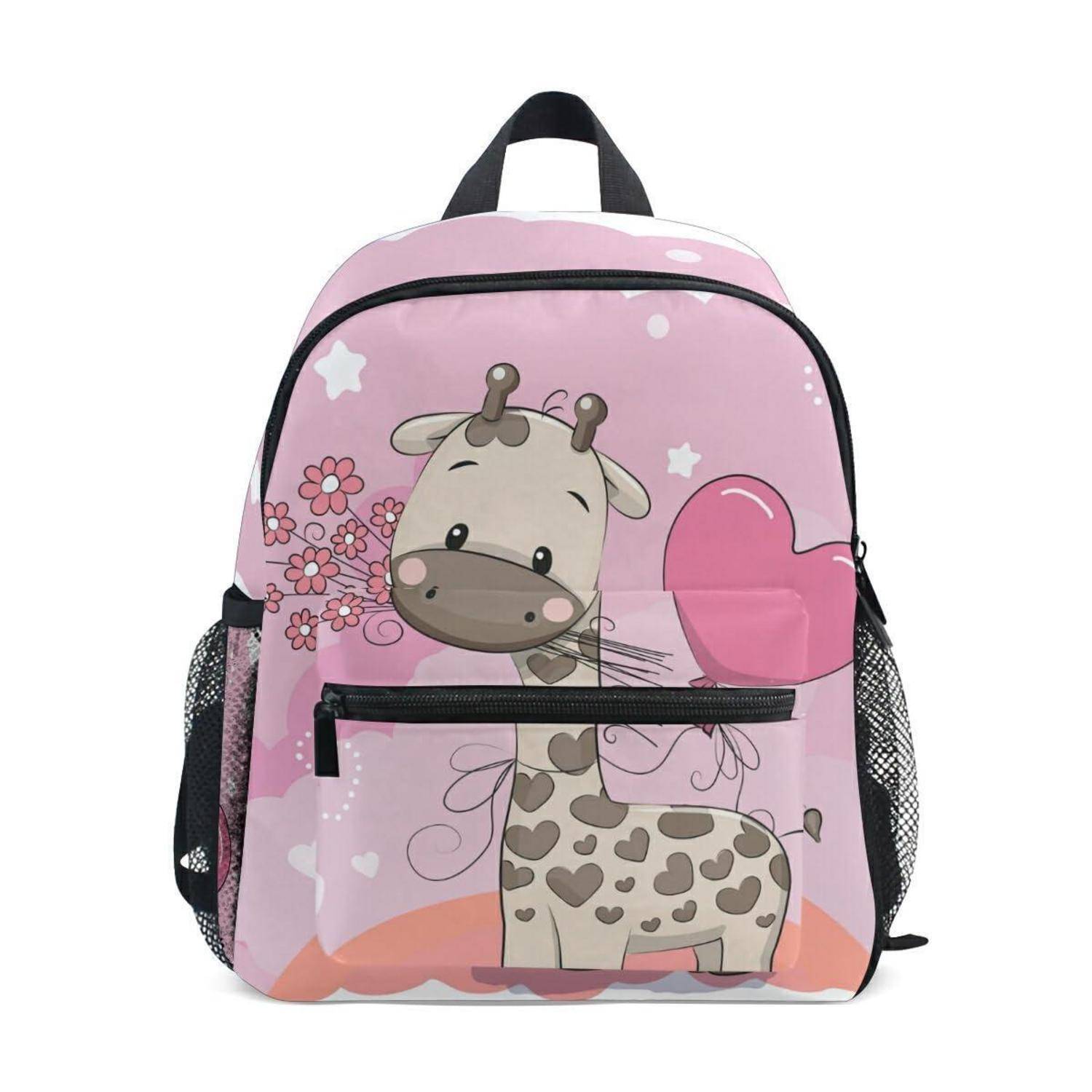 Rosafarbener Kinderrucksack mit Cartoon-Giraffe, Herz- und Blumenmuster, Vordertasche, Griff oben und Mesh-Seitentaschen.