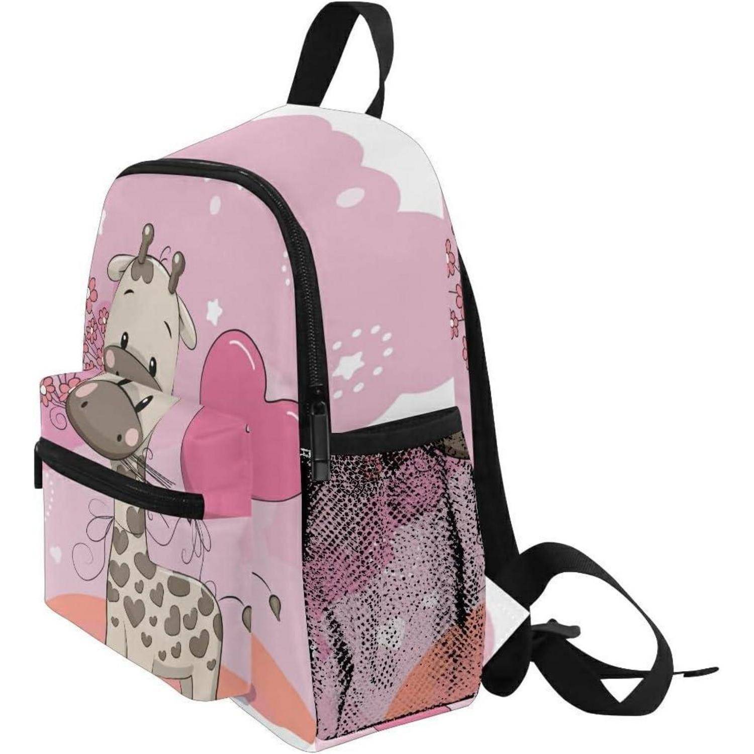Rosa Kinderrucksack mit Cartoon-Giraffe, Vortasche, Mesh-Seitentasche und schwarzen Riemen.