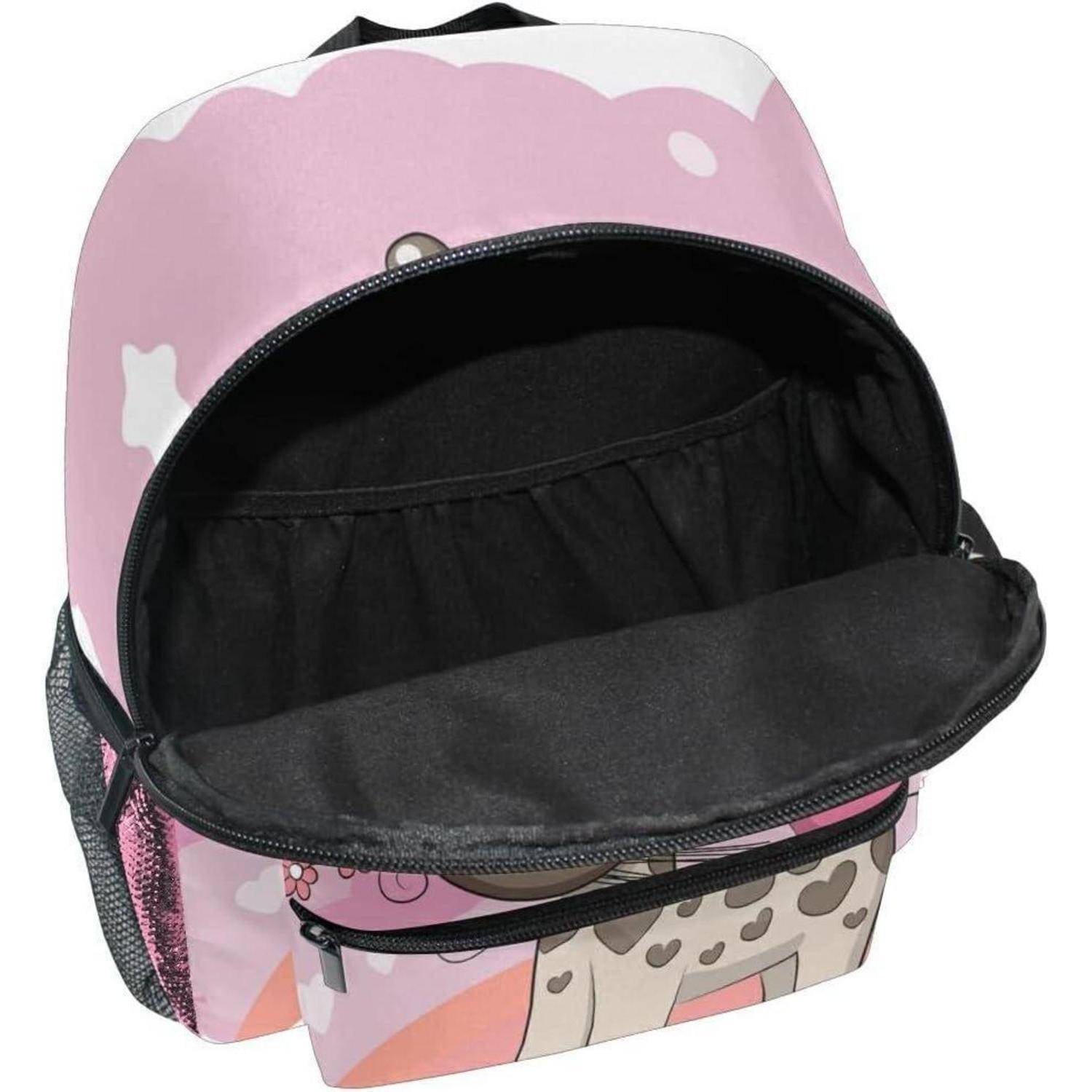 Rosa Kinderrucksack mit Cartoon-Tiermotiv, geöffnet zur Ansicht des schwarzen Inneren und der vorderen Reißverschlusstasche.
