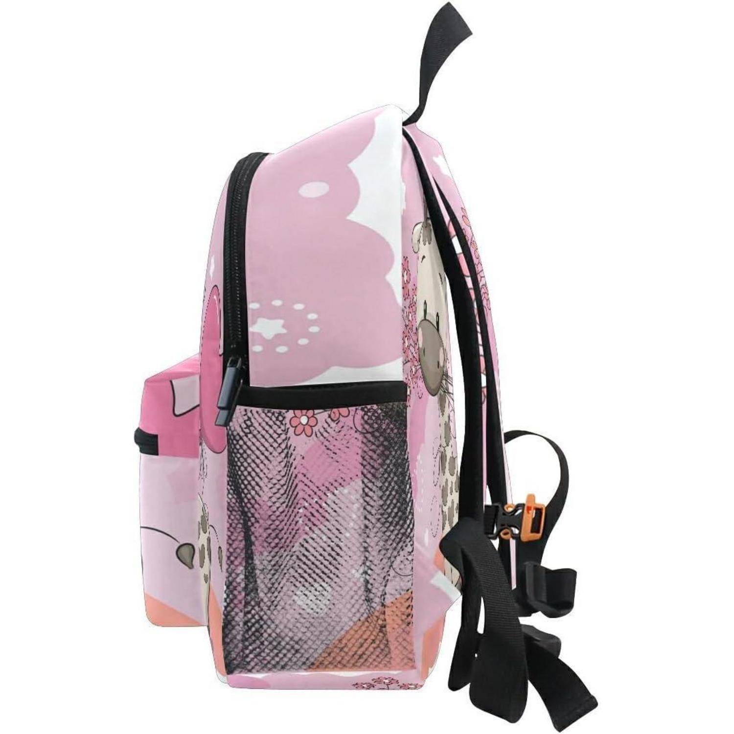Rosa Kinderrucksack mit Seitentasche für Wasserflasche und schwarzen Trägern, in der Seitenansicht auf weißem Hintergrund dargestellt.