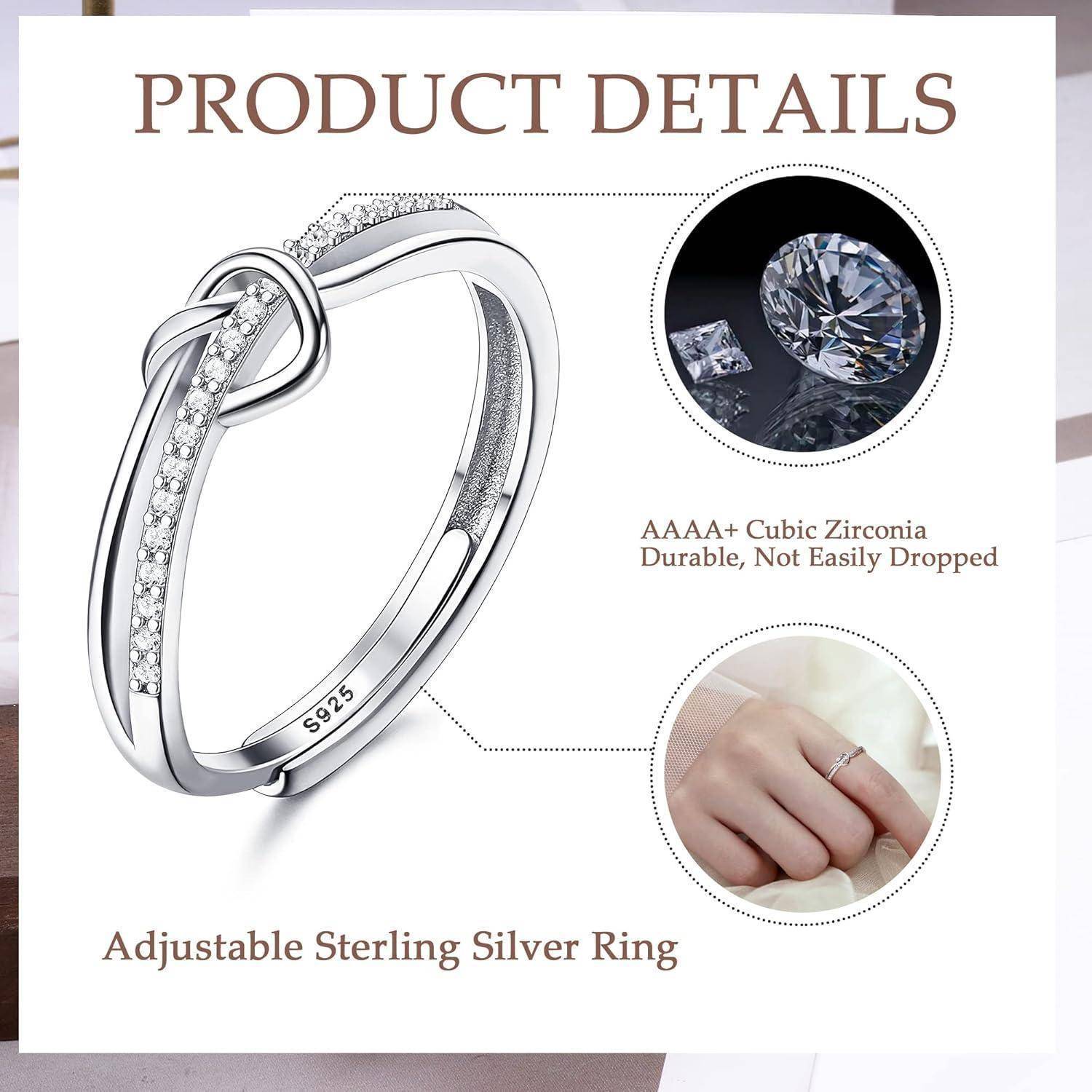 Adramata 925 Sterling Silber Ringe für Frauen, Ring Silber Damen mit Zirkonia, Einstellbarer Liebesknoten Silber Verlobungsring, 925 Sterling Silber