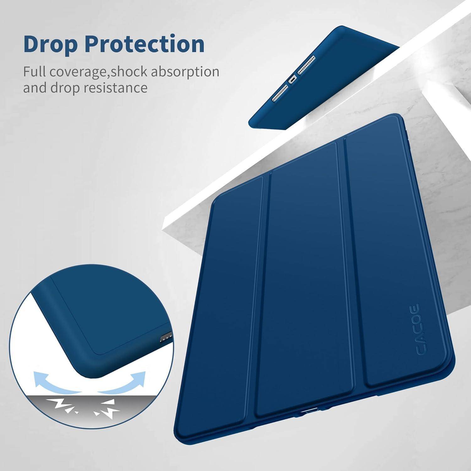 Blaue Tablet-Schutzhülle mit der Aufschrift „Drop Protection" (Fallschutz), die vollständige Abdeckung, Stoßdämpfung und Sturzfestigkeit hervorhebt, mit einer Vergrößerung zur Eckenstoßfestigkeit.