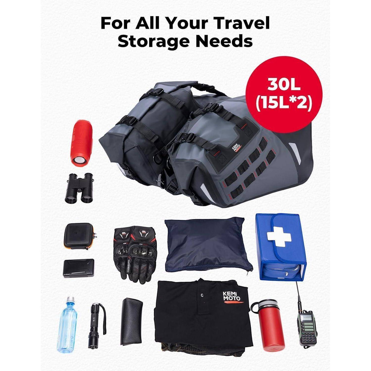 KEMIMOTO IPX6 wasserdichte Motorradsatteltaschen, PVC Weiche Packtaschen, Seitentaschen Hecktasche 30L (15L x 2) für Motorrad Enduro Dual-Sport-Bike
