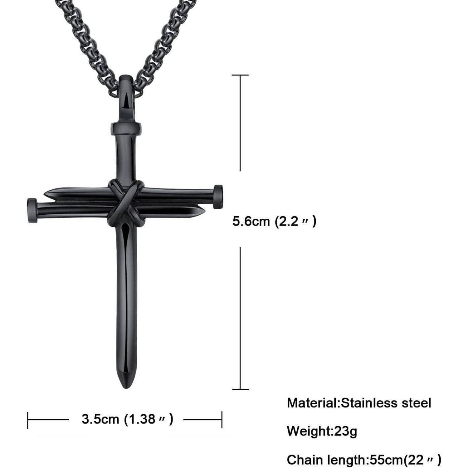 Schwarze Edelstahlkreuzanhänger-Halskette mit Kette; Anhänger misst 5,6 cm x 3,5 cm, Kettenlänge 55 cm, Gewicht 23 g.