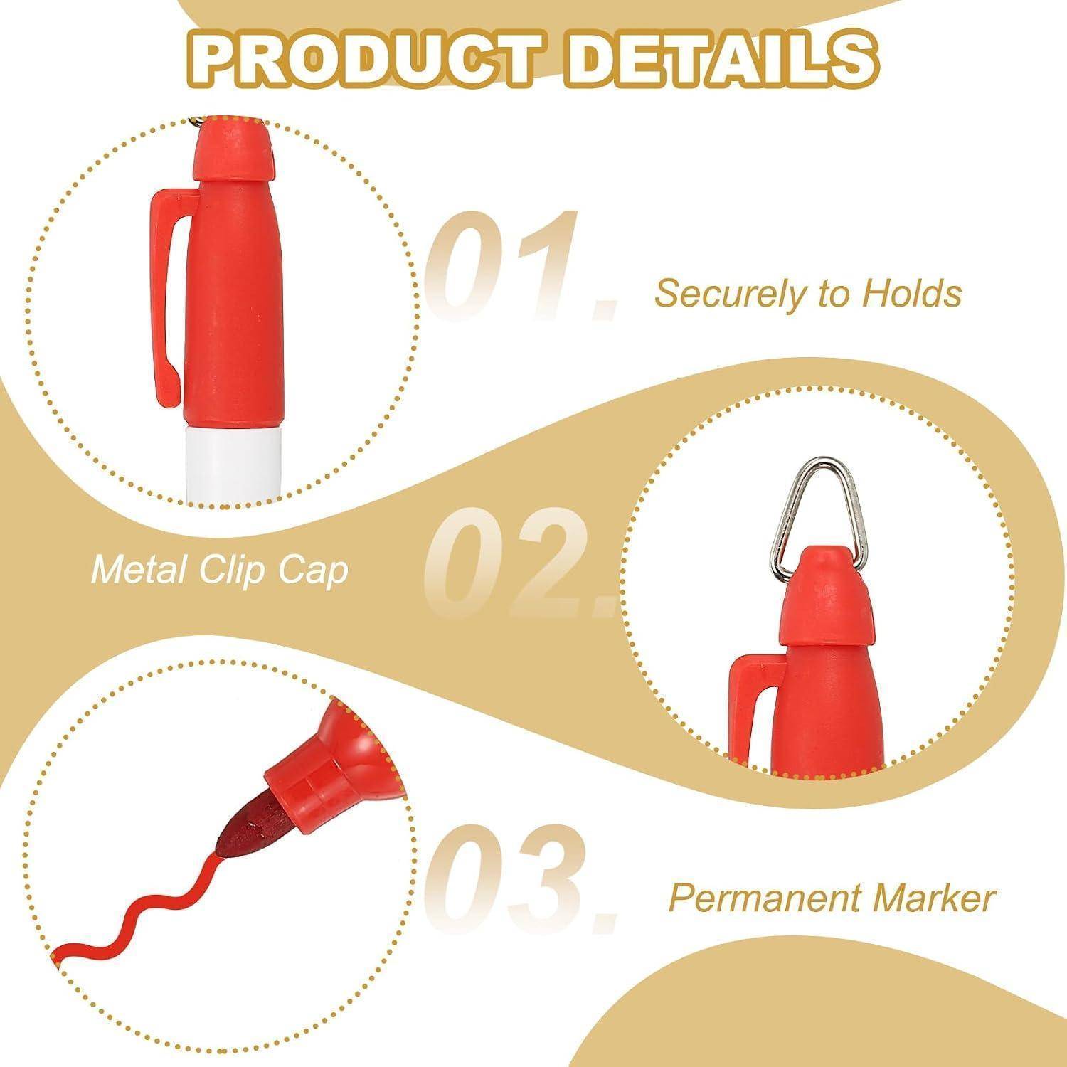 Produktdetail-Grafik zeigt einen roten Marker mit metallischer Clipkappe, sicherem Halt und Permanentmarker-Spitze in drei beschrifteten Ansichten.