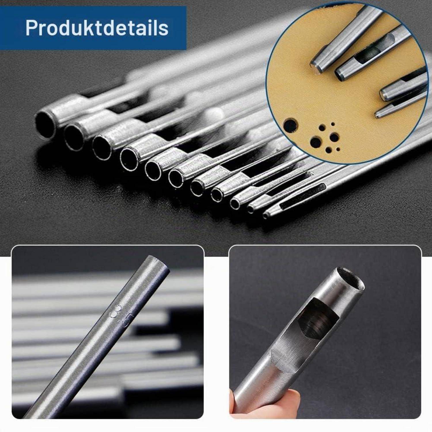 Produktdetails mit Edelstahl-Hohllochstanzen verschiedener Größen, mit Nahaufnahmen der Schneidekanten und gestanzten Löcher.