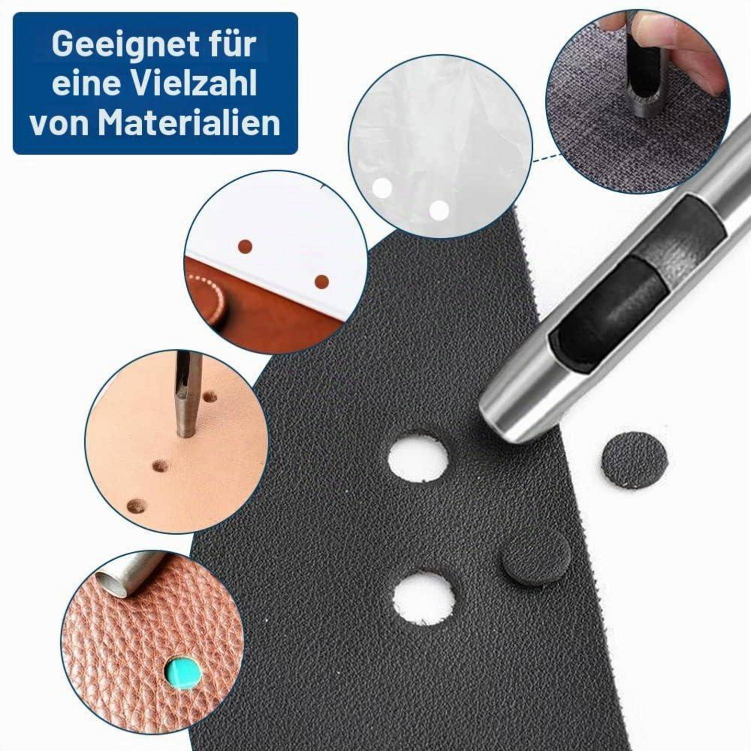 Werbebild eines Locheisens, das saubere Löcher in verschiedenen Materialien stanzt, mit Beschriftungen, die die Verwendung auf Leder, Stoff, Kunststoff und Papier zeigen; deutscher Text besagt „Geeignet für viele Materialien