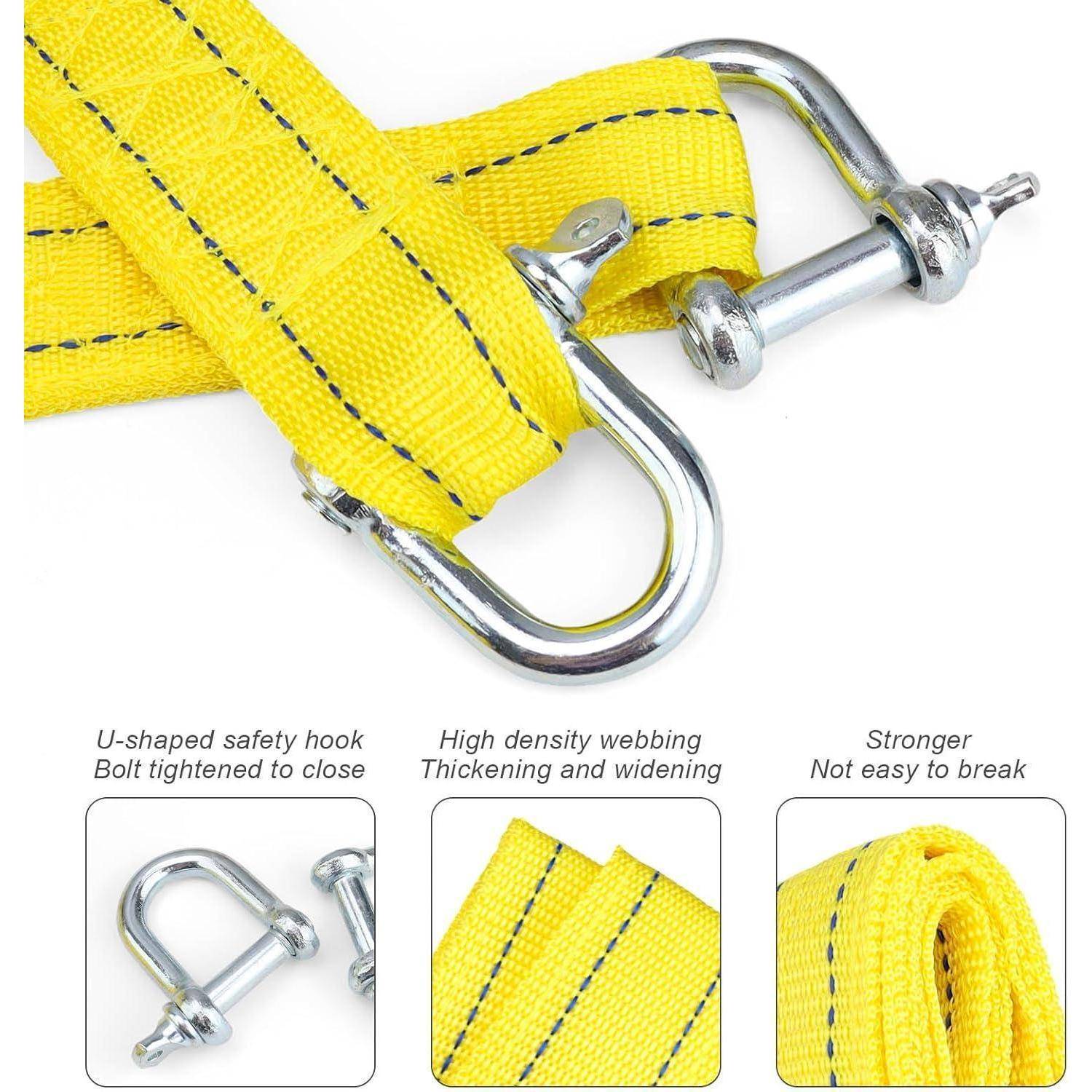 Produktbild eines gelben Nylon-Hebegurts mit einem verchromten U-förmigen Sicherheitshaken und Bolzen, sowie Nahaufnahmen des Hakens, des Gewebes und der Festigkeit des aufgerollten Gurts.