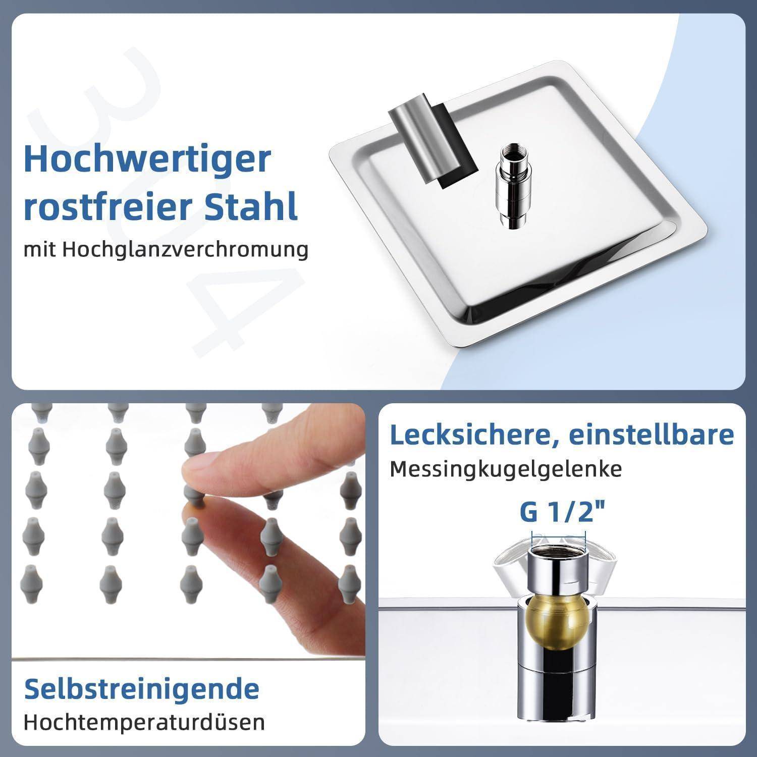 Werbegrafik für einen Edelstahl-Duschkopf: hochglänzender rostfreier Stahl, selbstreinigend Hochtemperatur-Düsen und verstellbare auslaufsichere 1/2-Zoll-Messingkugelgelenke.