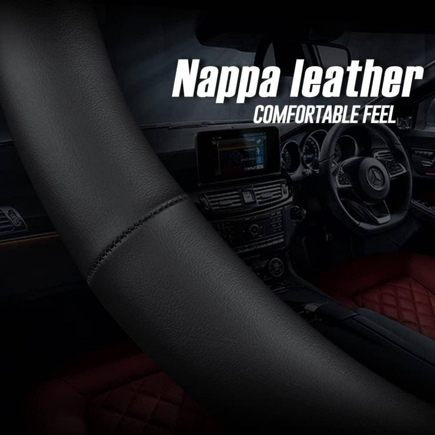 Carodi Neustes Nappaleder Auto Lenkradbezug, Mode Anti-Rutsch-Leder Auto Innenraum 15 Zoll (ca. 38cm) Universal (Schwarz) Schwarz (rote und blaue
