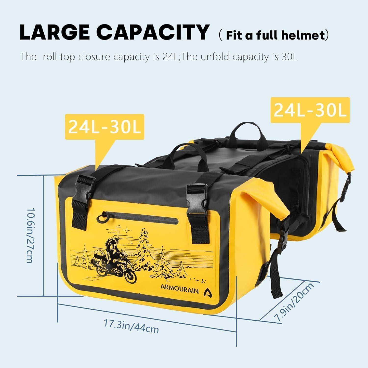 Werbebild einer gelb-schwarzen Reisetasche mit Rollverschluss für Motorräder mit der Bezeichnung „GROSSES FASSUNGSVERMÖGEN", zeigt ein Fassungsvermögen von 24 l bis 30 l und Abmessungen von 44 x 27 x 20 cm.