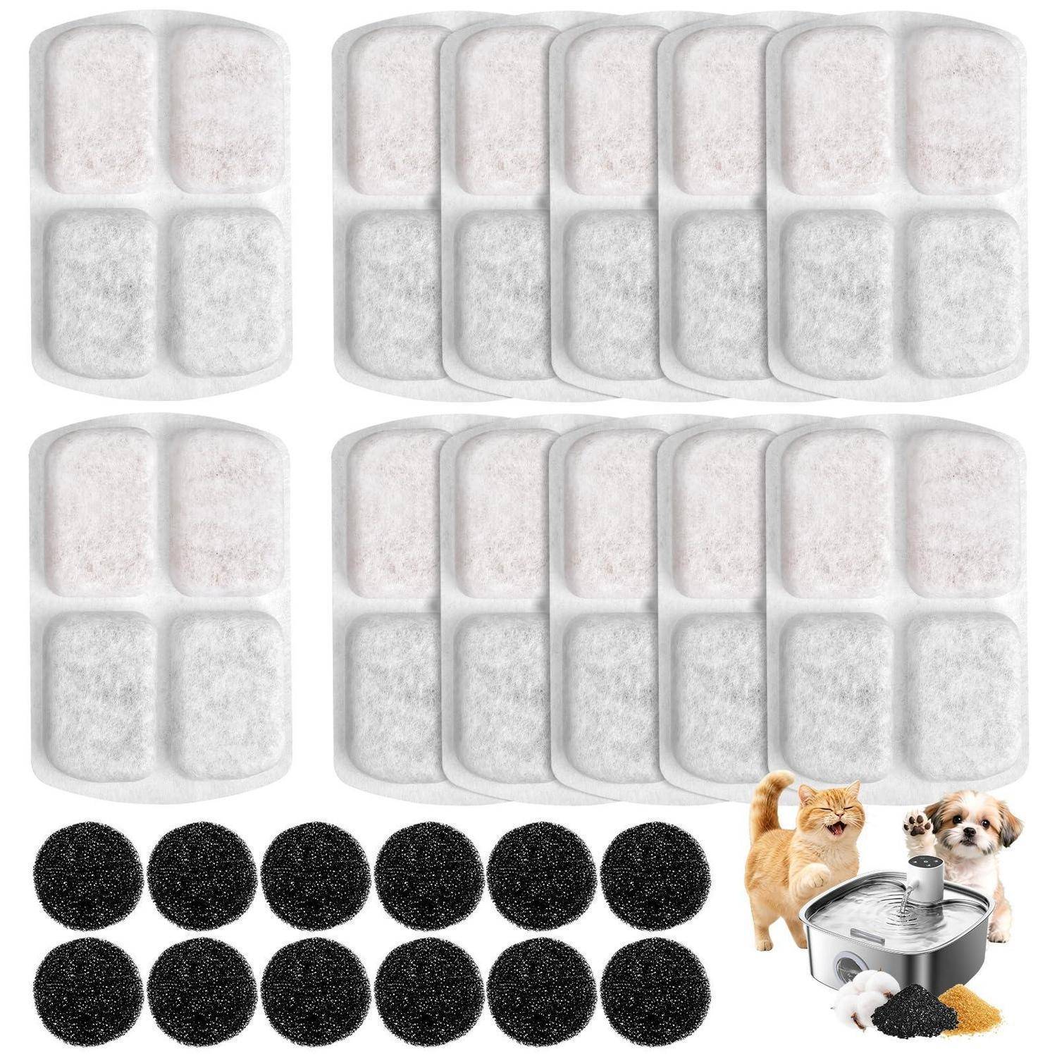 Set aus wiederverwendbaren Kühlschrankschubladeneinsätzen, runden Filterkissen und einem kleinen Wasser- und Trinkbrunnen für Katzen und Hunde mit Ersatzfiltermaterialien.
