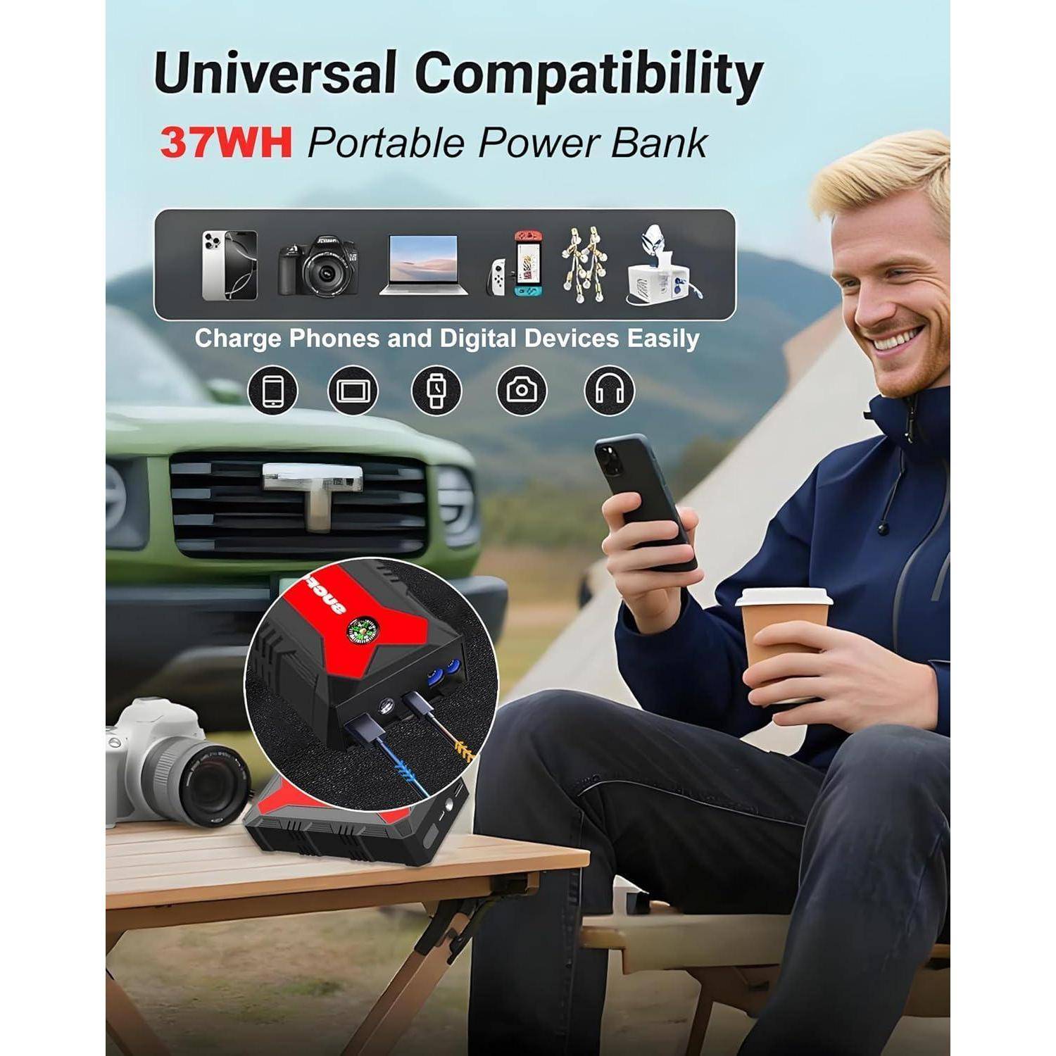 Starthilfe Powerbank für pkw, 4000A Auto Starthilfe Powerbank 12V (Bis zu 9L Benzin/8.5L Diesel), Booster Auto Starthilfe mit Starthilfekabel LED