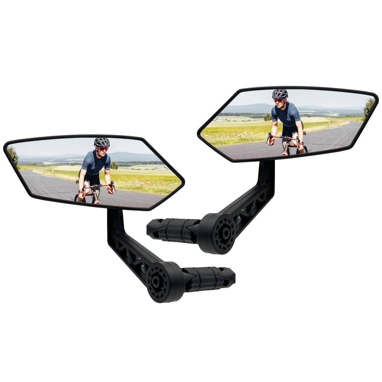 Paar schwarzer Fahrrad-Lenker-Rückspiegel, die einen Radfahrer spiegeln, der auf einer Straße auf dem Land fährt.
