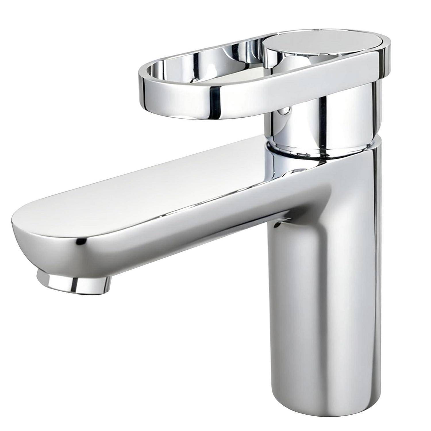 Einhebel-Badezimmerbatterie aus Chrom mit breitem flachem Auslauf und zylindrischer Basis auf weißem Hintergrund.