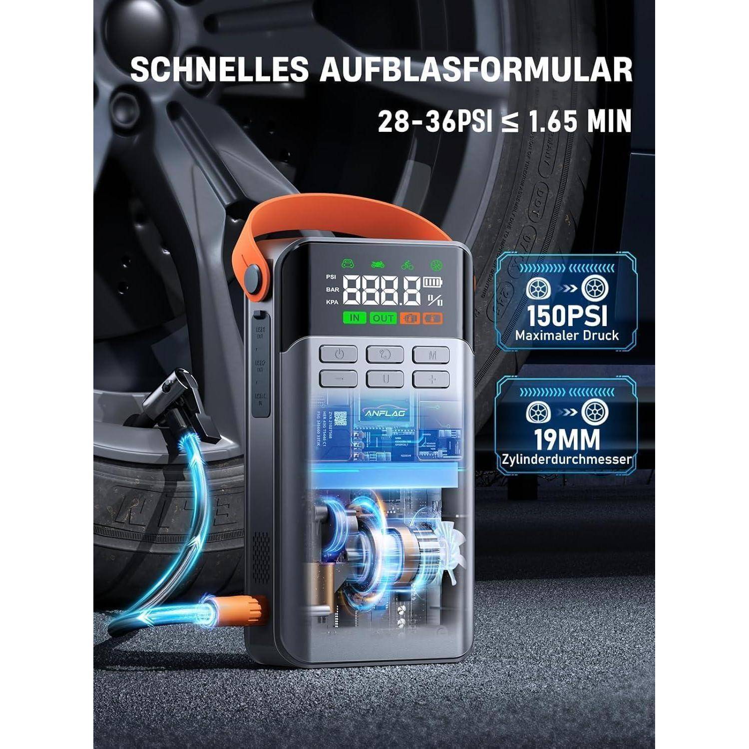 Starthilfe Powerbank für Pkw mit Kompressor 150PSI, ANFLAG 5500A Auto Starthilfe Powerbank für All Benzin und 12.0L Dieselmotor, Starter Powerbank
