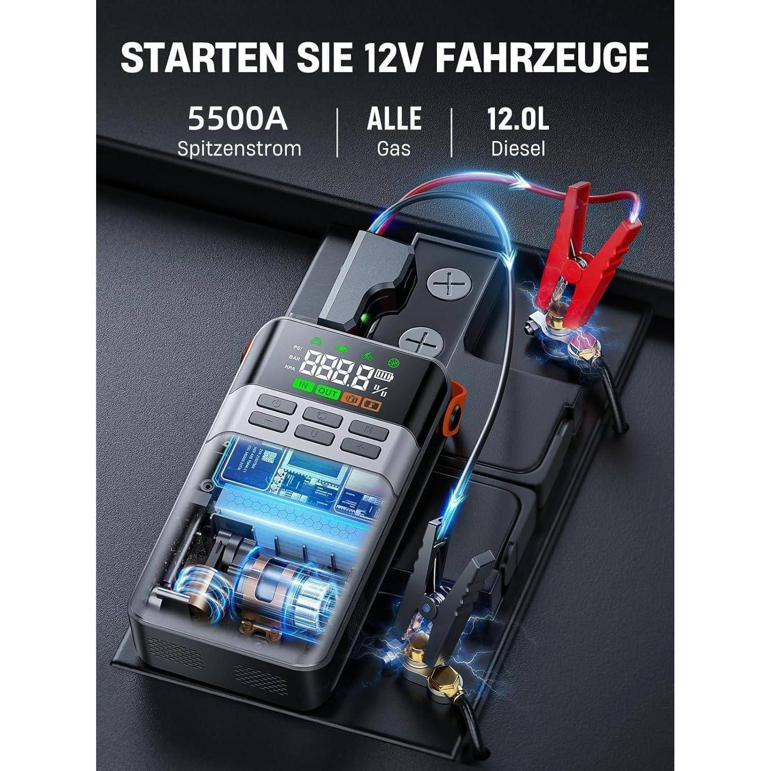 Starthilfe Powerbank für Pkw mit Kompressor 150PSI, ANFLAG 5500A Auto Starthilfe Powerbank für All Benzin und 12.0L Dieselmotor, Starter Powerbank
