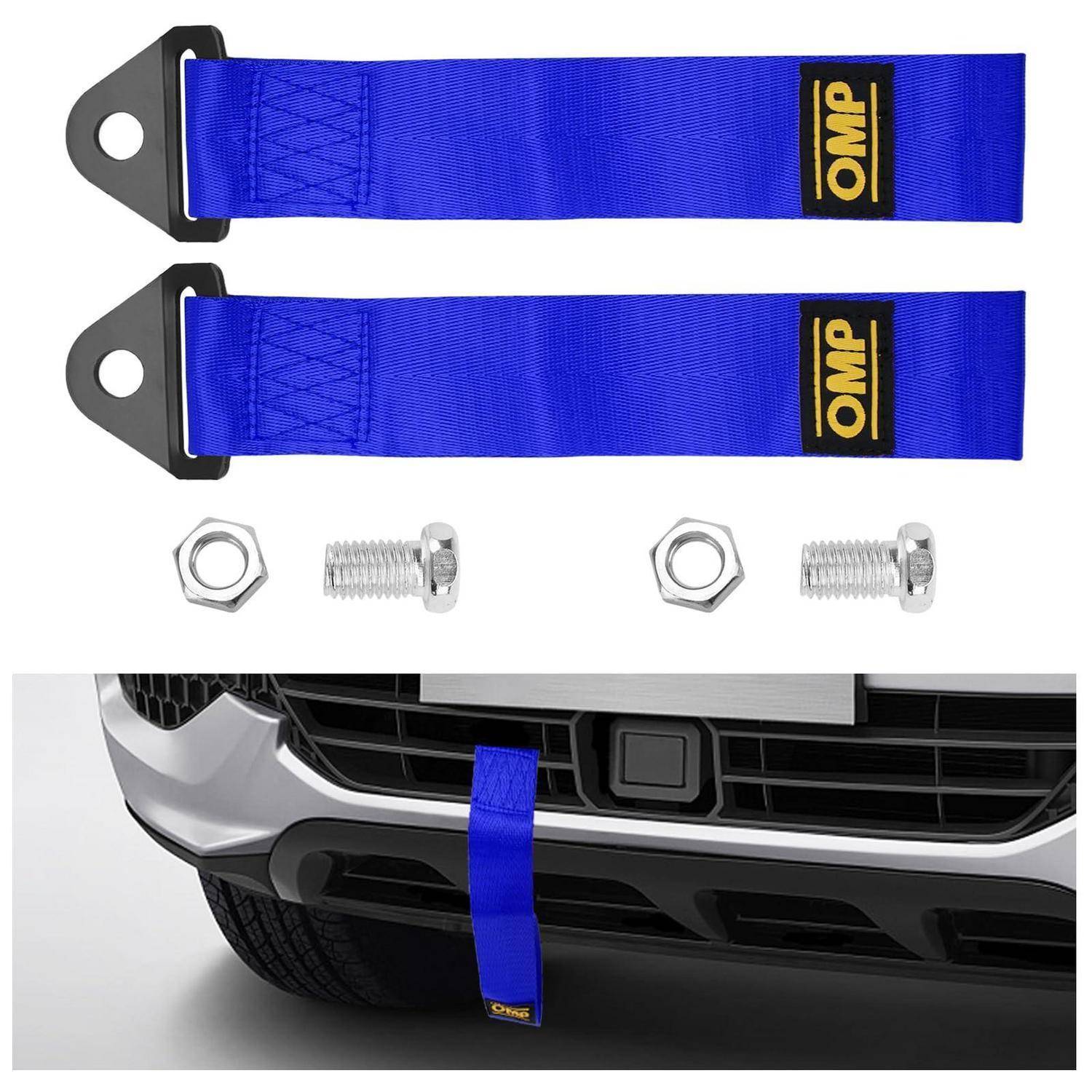 Blaues Nylon-Abschleppset mit zwei Befestigungswinkeln, Schrauben und Muttern; gezeigt installiert an der vorderen Stoßstange eines Autos zum Abschleppen oder Bergung.