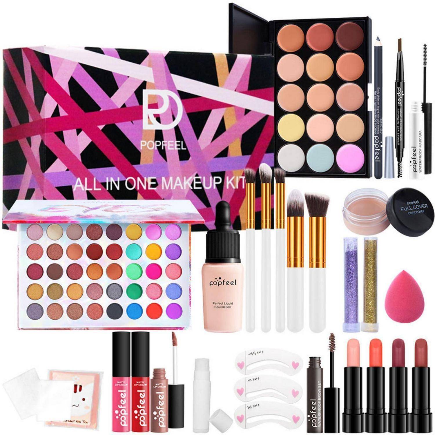 Popfeel All-in-One Make-up-Set mit Lidschatten-Paletten, Pinseln, Lippenstiften, Eyeliner, Mascara, Puder, Schwämmen und kleinen Kosmetik-Accessoires.