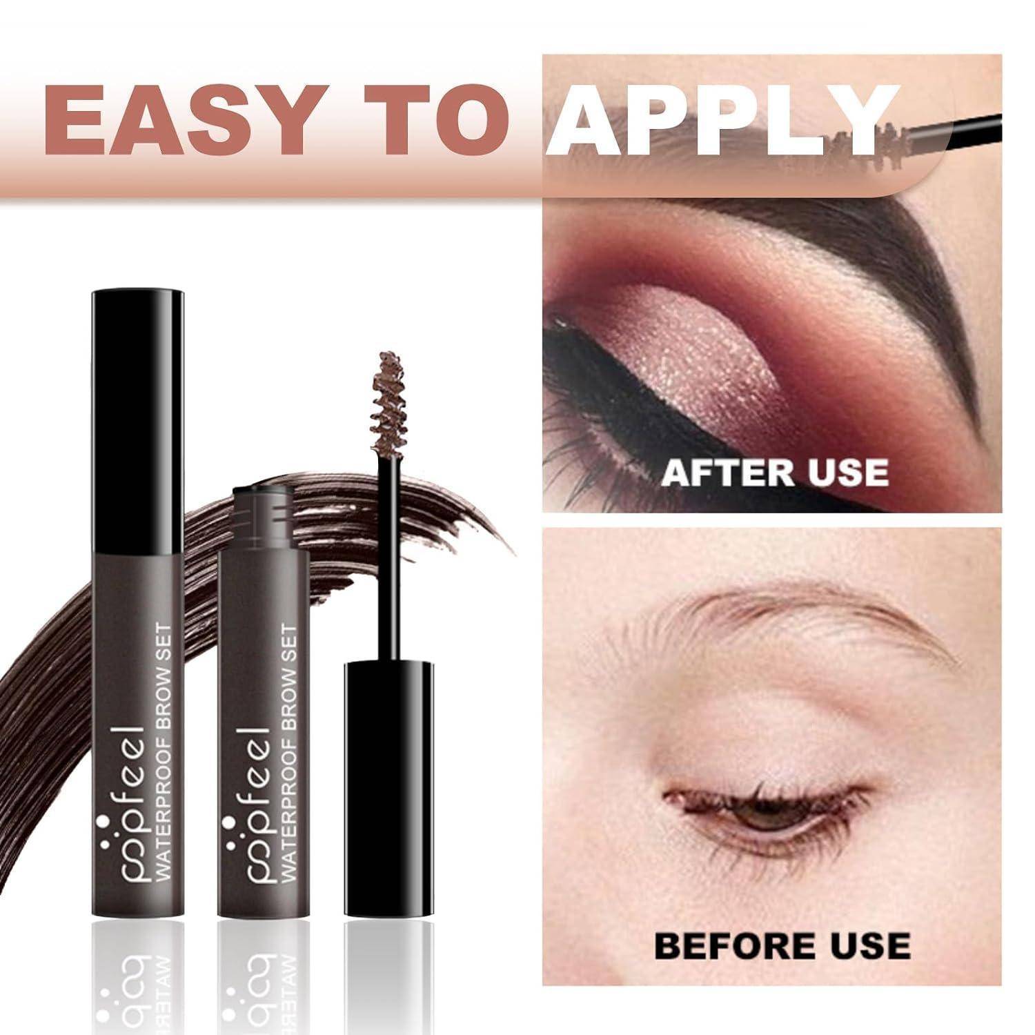 Werbebild für Augenbrauengel mit zwei mascara-ähnlichen Tuben und Vorher-Nachher-Ergebnissen von Augenbrauenmakeup mit dem Text „LEICHT ANZUWENDEN