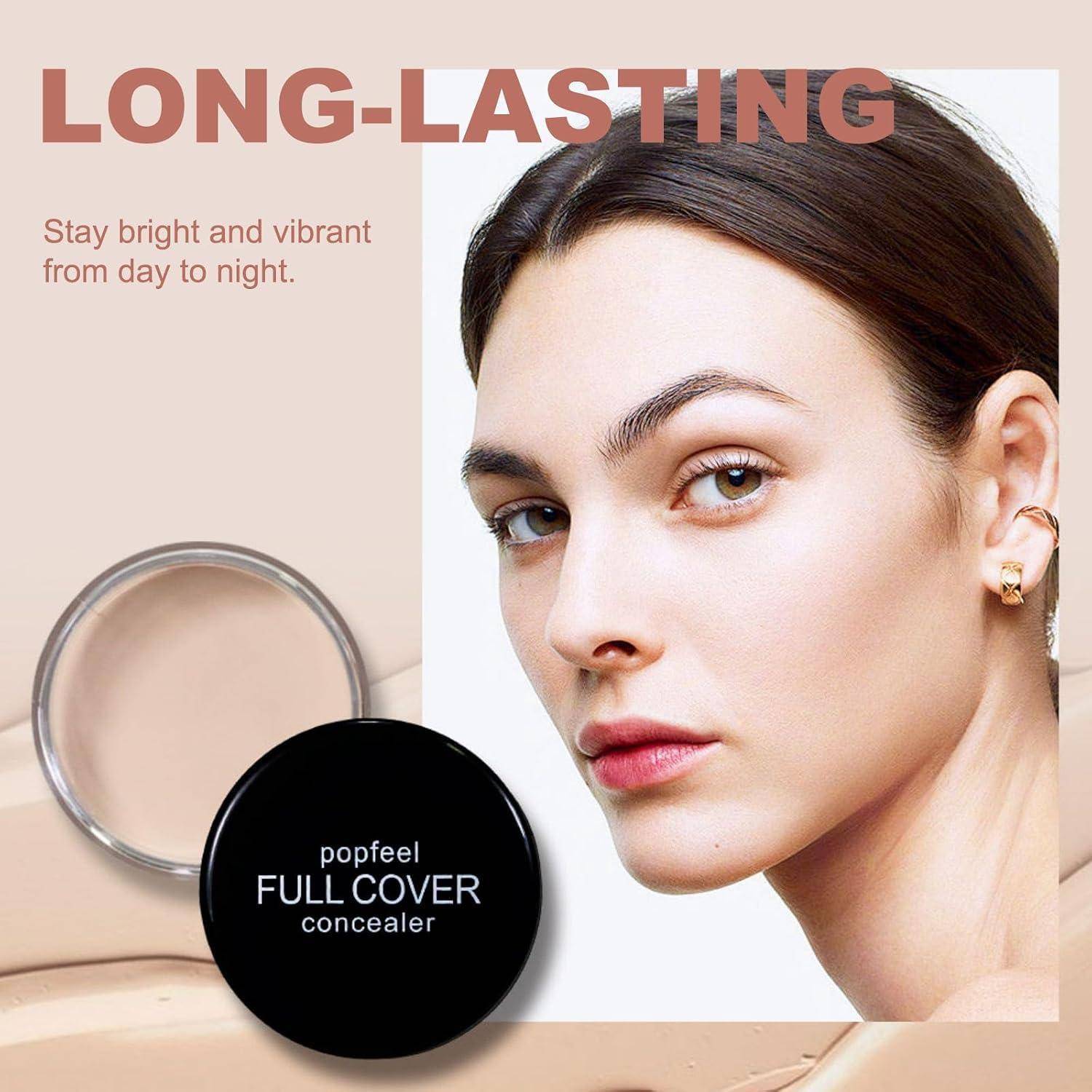 Anzeige für Popfeel Full Cover Concealer, zeigt das Gesicht eines Models und den Text „LANGLEBIG