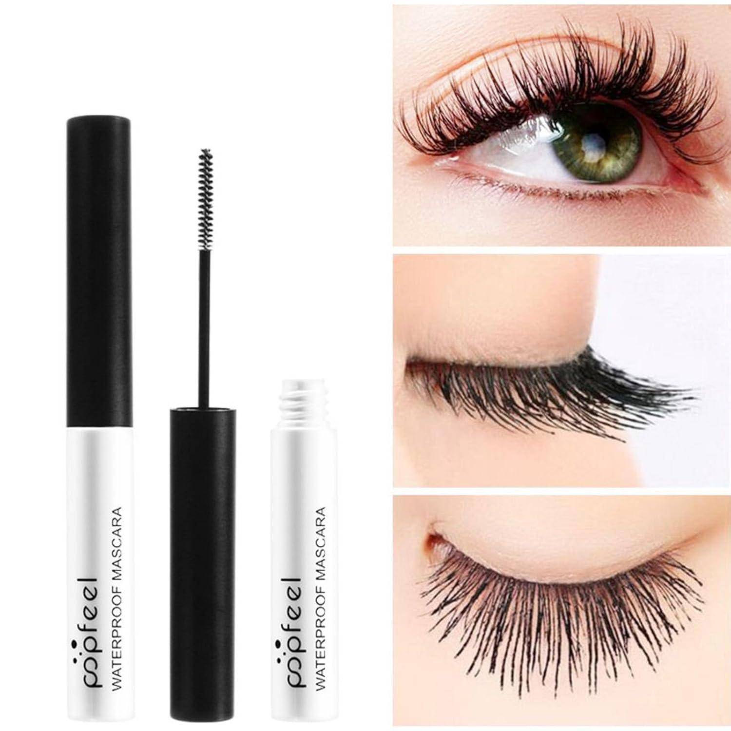 Wasserfeste Mascara-Tube und Wimpernbürste neben einer Nahaufnahme von Augen mit Wimpern vor und nach dem Auftragen.