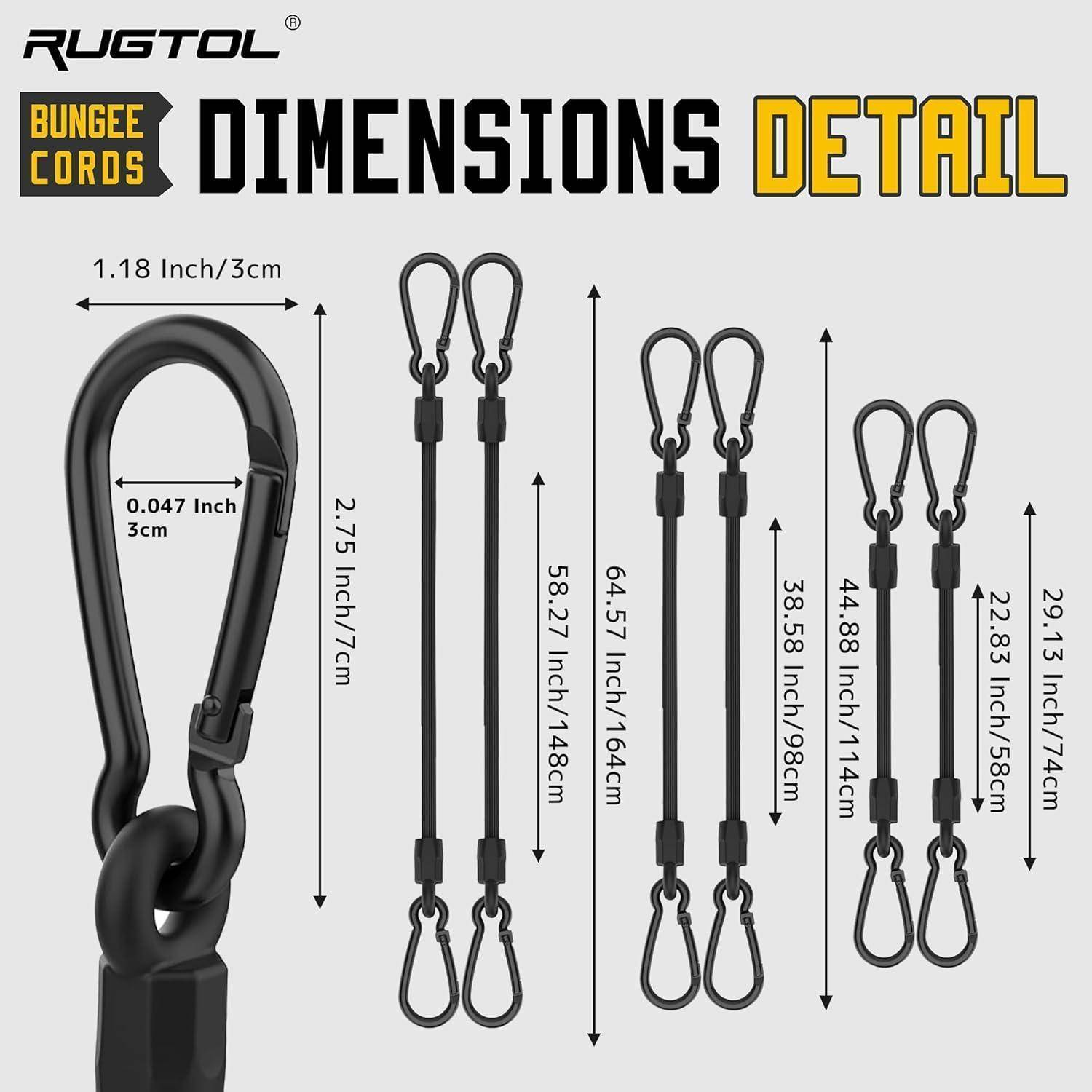 RUGTOL Bungee-Seile Dimensionsdetail mit einem Schnellverschluss und drei Seilbündellängen: 58,27, 64,57 und 44,88 Zoll, mit Breitenmessungen in Zoll und cm.