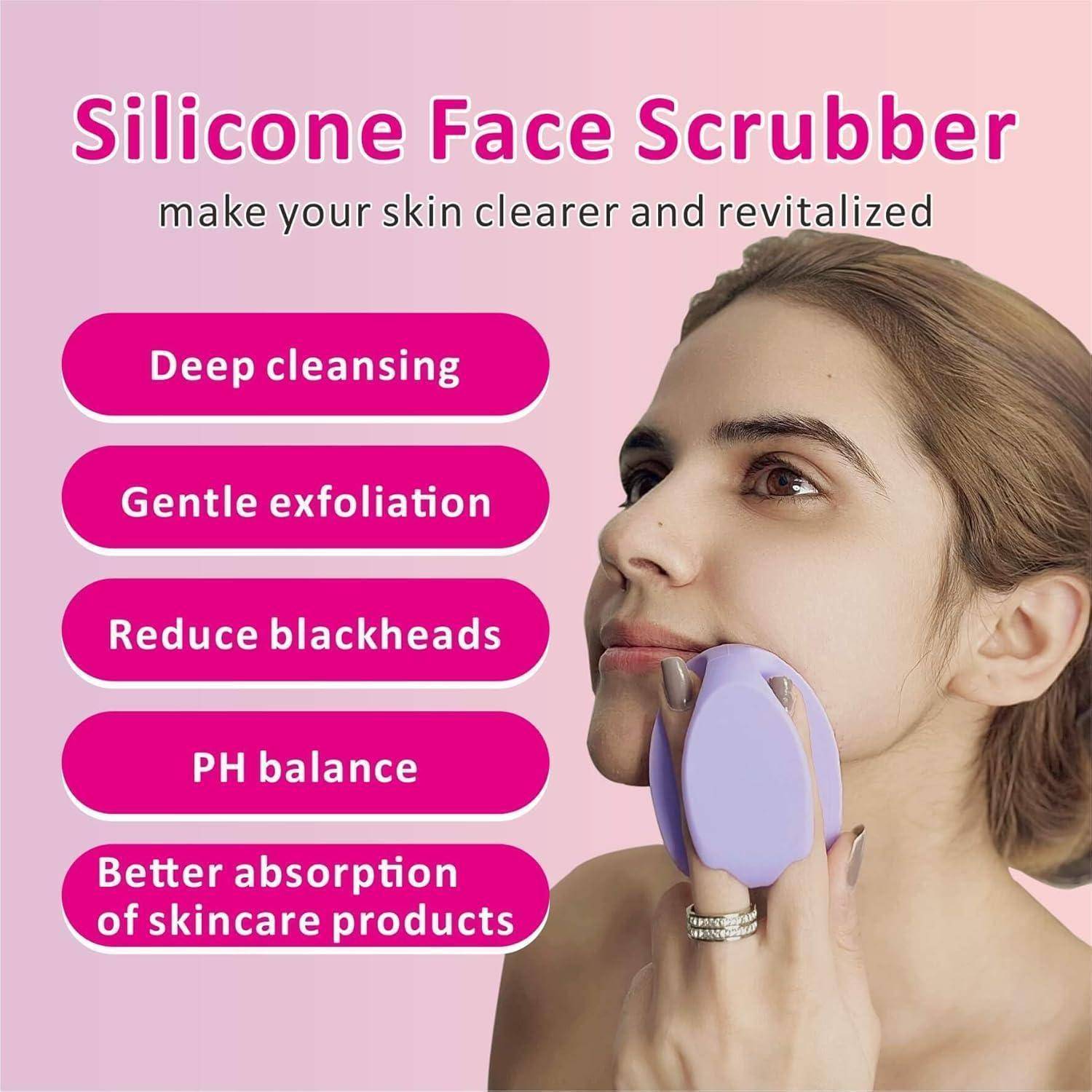 Werbebilder einer Frau, die einen Silikongesichtsreiniger verwendet, mit Text, der tiefe Reinigung, sanfte Exfoliation, Reduktion von Mitessern, pH-Ausgleich und bessere Hautpflegeaufnahme verspricht.