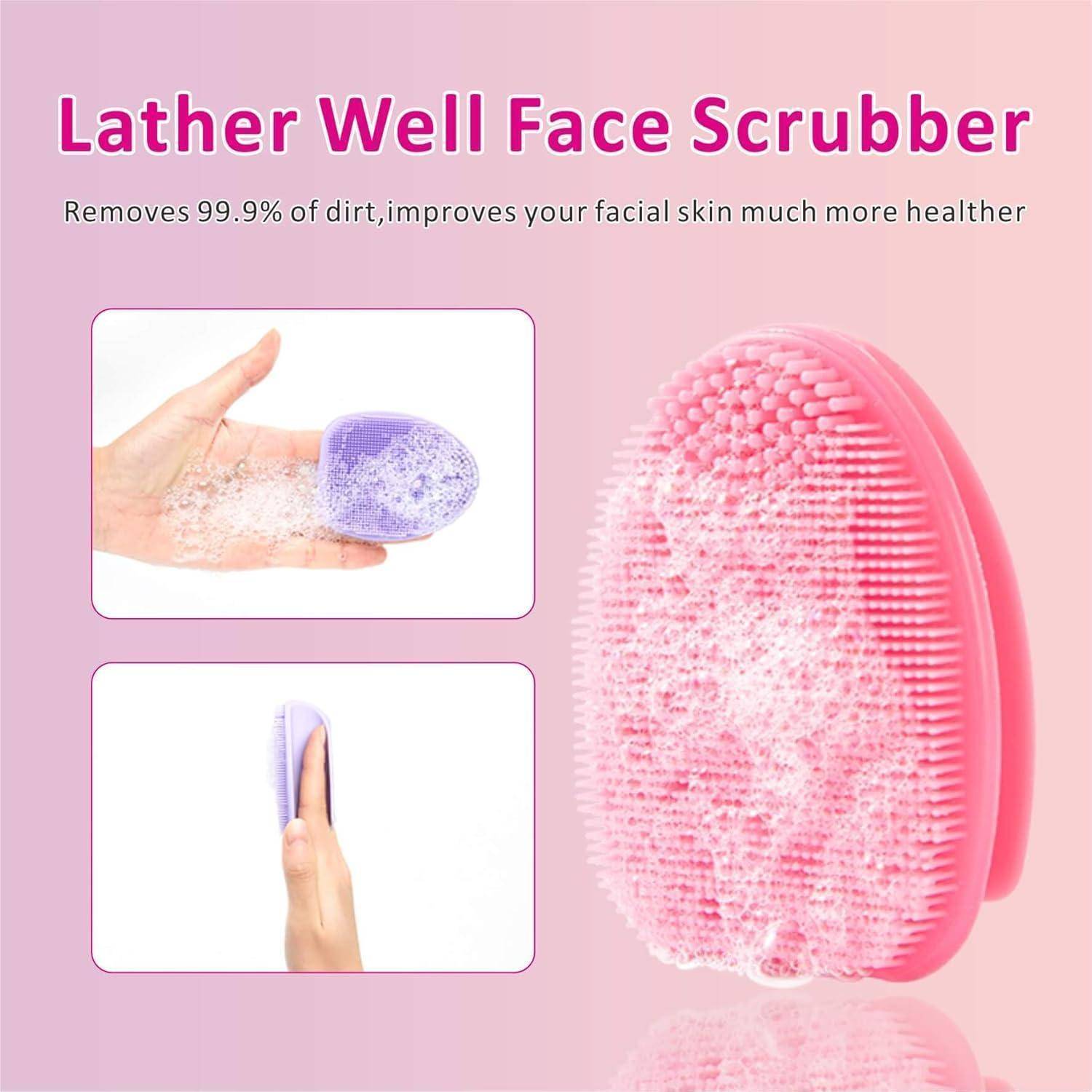 Rosa "Lather Well Gesichtsreiniger"" Produktanzeige mit einer Silikon-Gesichtsreinigungsbürste und nahaufnahme der Anwendung, mit Text, der behauptet, dass sie 99,9% des Schmutzes entfernt und die Haut verbessert.