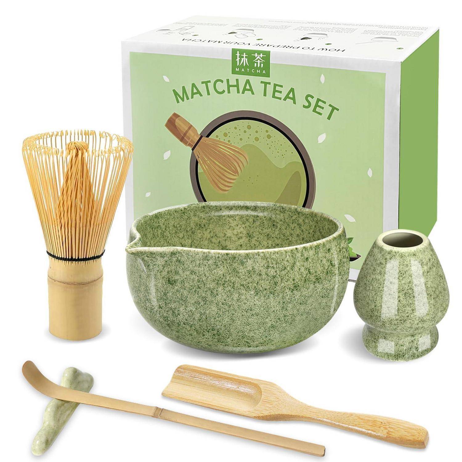 JBER Matcha Set 6-Teiliges, Matcha Besen Set mit Bambus Matcha Besen und Halter, Matcha Schale mit Auslauf, Teelöffel und Halter, Japanisches Matcha