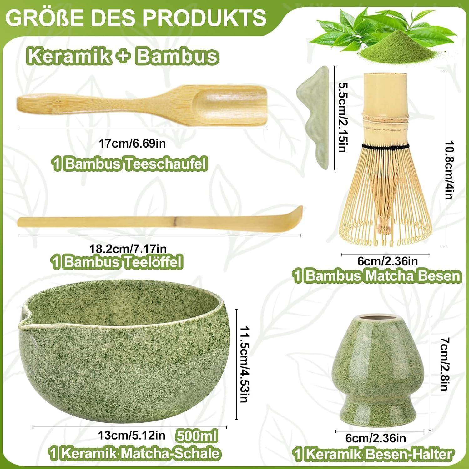 JBER Matcha Set 6-Teiliges, Matcha Besen Set mit Bambus Matcha Besen und Halter, Matcha Schale mit Auslauf, Teelöffel und Halter, Japanisches Matcha