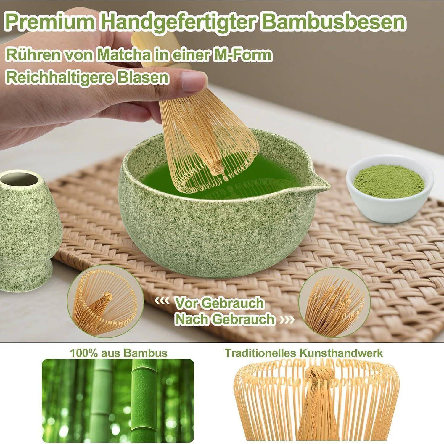 JBER Matcha Set 6-Teiliges, Matcha Besen Set mit Bambus Matcha Besen und Halter, Matcha Schale mit Auslauf, Teelöffel und Halter, Japanisches Matcha