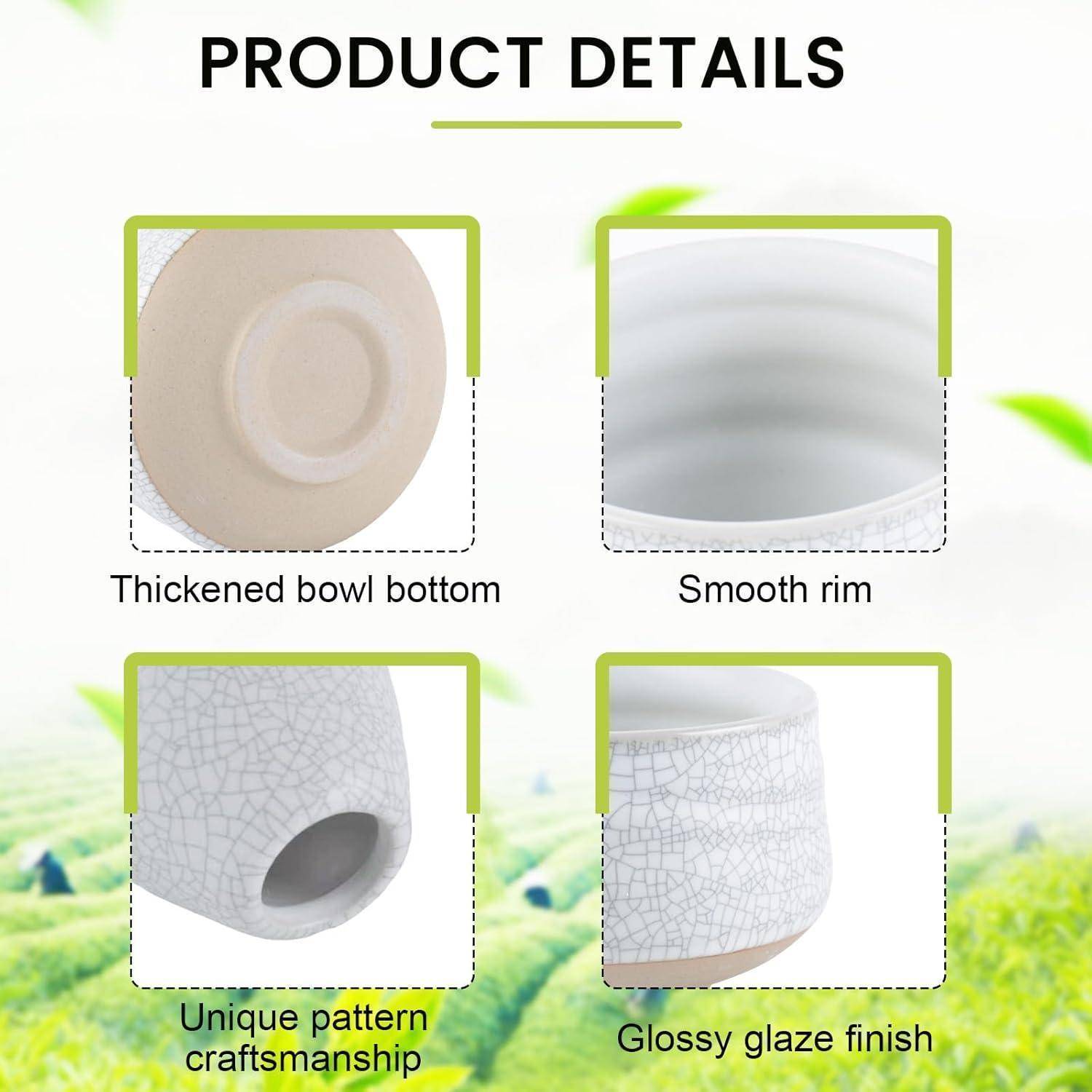 Produktdetails-Infografik, die den verdickten Boden einer Keramikschale, den glatten Rand, das einzigartige Crackle-Muster und die glänzende Glasuroberfläche zeigt.