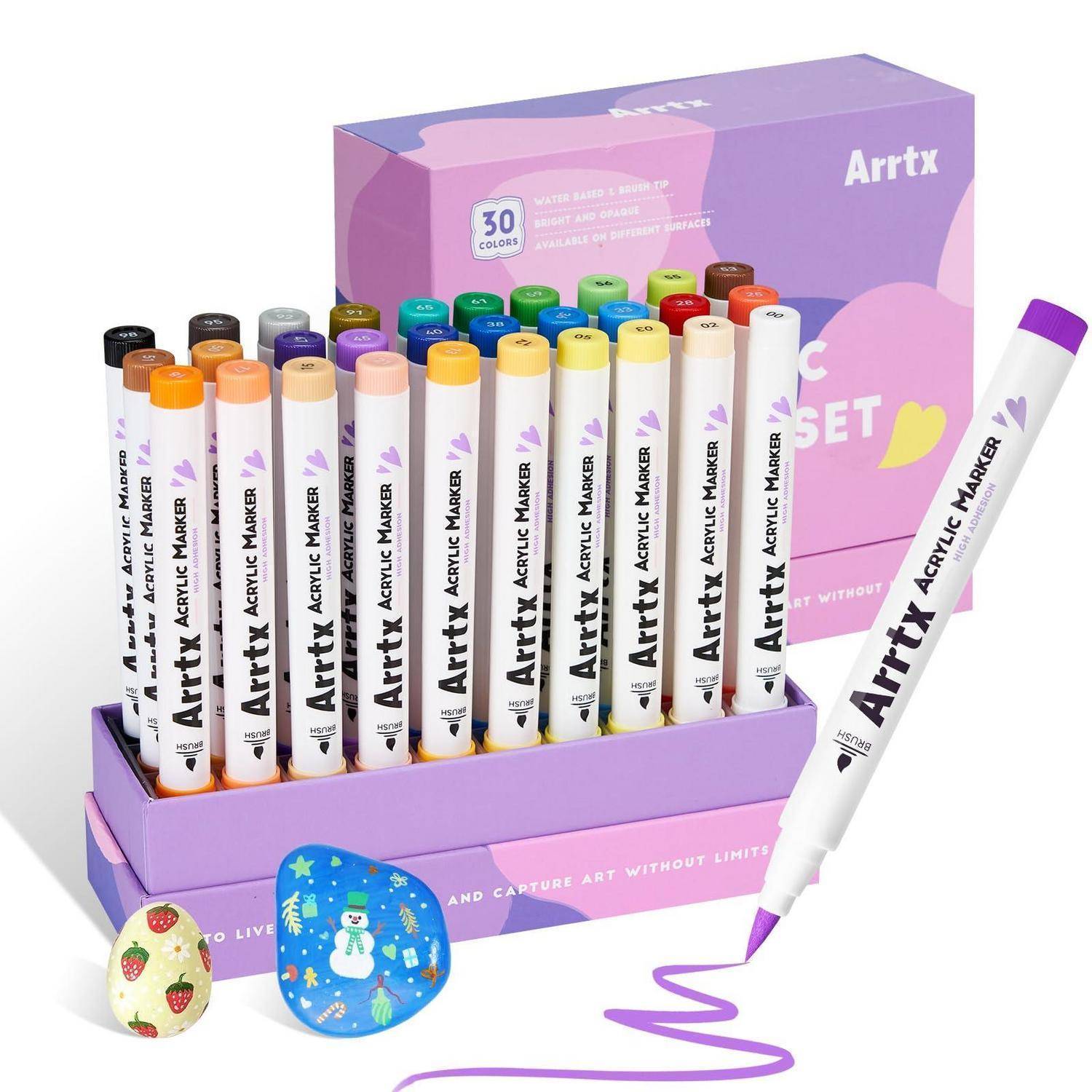 Arrtx Acrylstifte für Steine Bemalen, 30 Farben Wasserfeste Acrylstifte Marker Pinselspitze, Schnelltrocknender Acrylfarben Stifte für Osterei, Stei