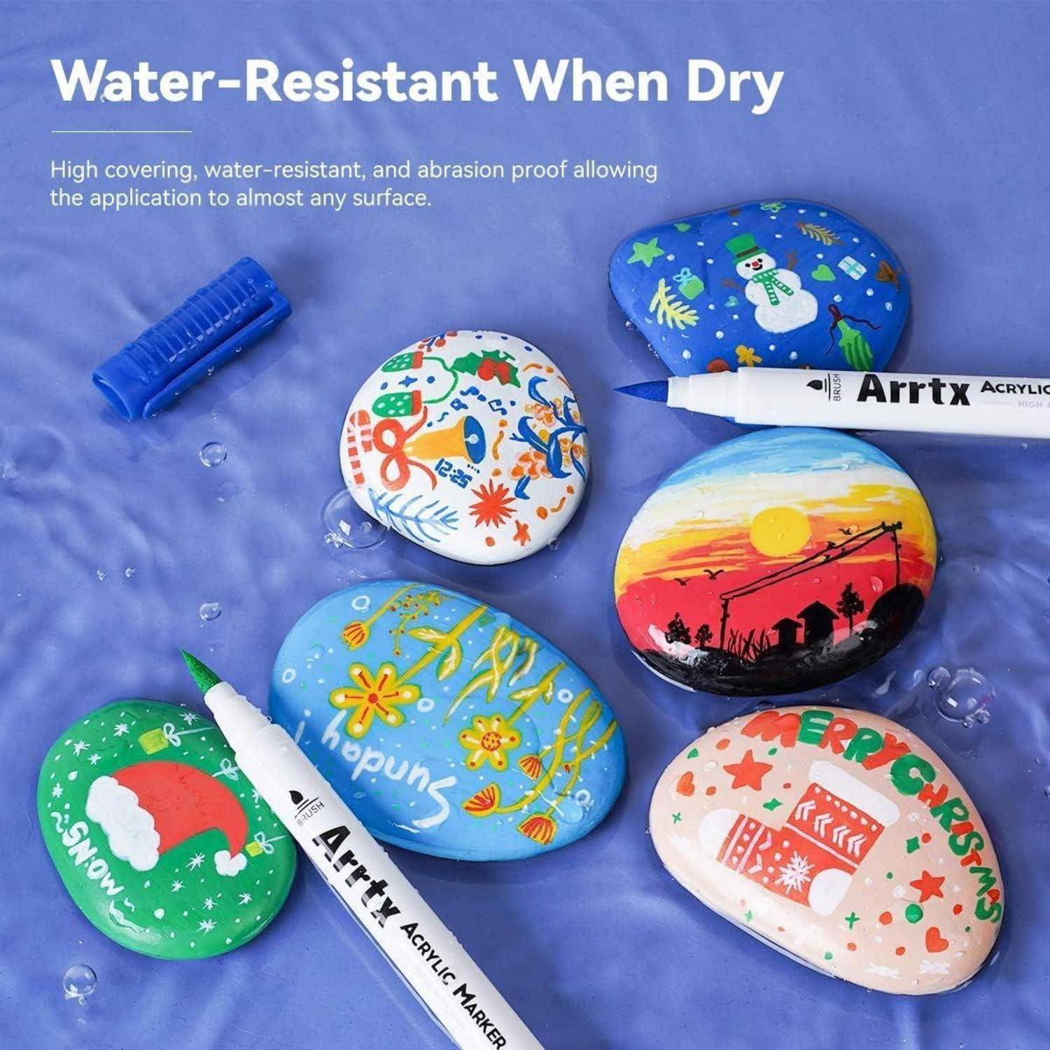 Arrtx Acrylstifte für Steine Bemalen, 30 Farben Wasserfeste Acrylstifte Marker Pinselspitze, Schnelltrocknender Acrylfarben Stifte für Osterei, Stei
