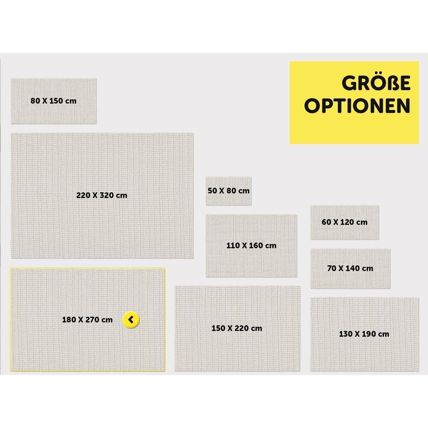 Größenoptionen-Diagramm mit sieben Teppichabmessungen: 50 x 80 cm, 60 x 120 cm, 70 x 140 cm, 80 x 150 cm, 110 x 160 cm, 130 x 190 cm, 150 x 220 cm, 180 x 270 cm und 220 x 320 cm.