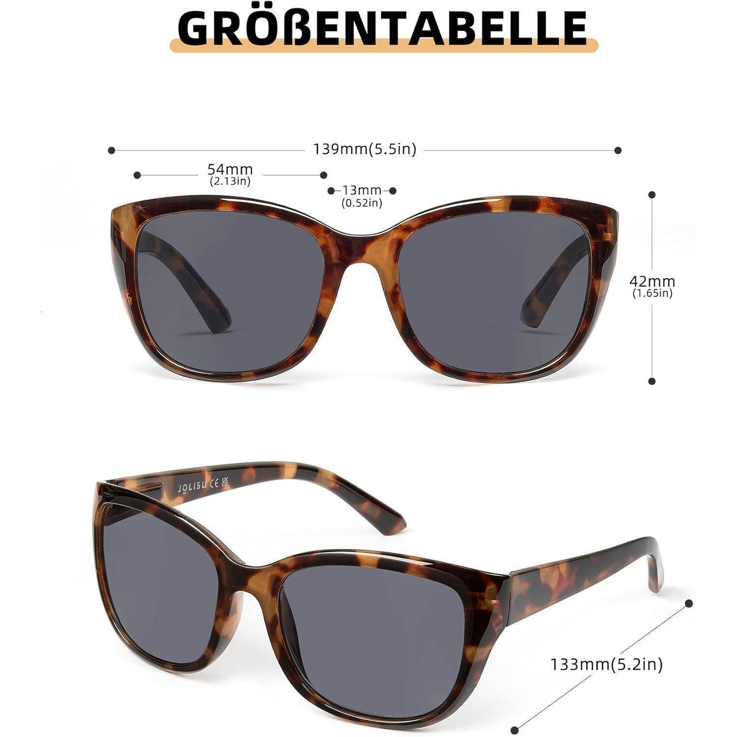 Größentabelle für Brillen mit Schildpatt-Sonnenbrillen: Glasbreite 54 mm, Steg 13 mm, Rahmenbreite 139 mm, Glashöhe 42 mm, Bügelläge 133 mm.
