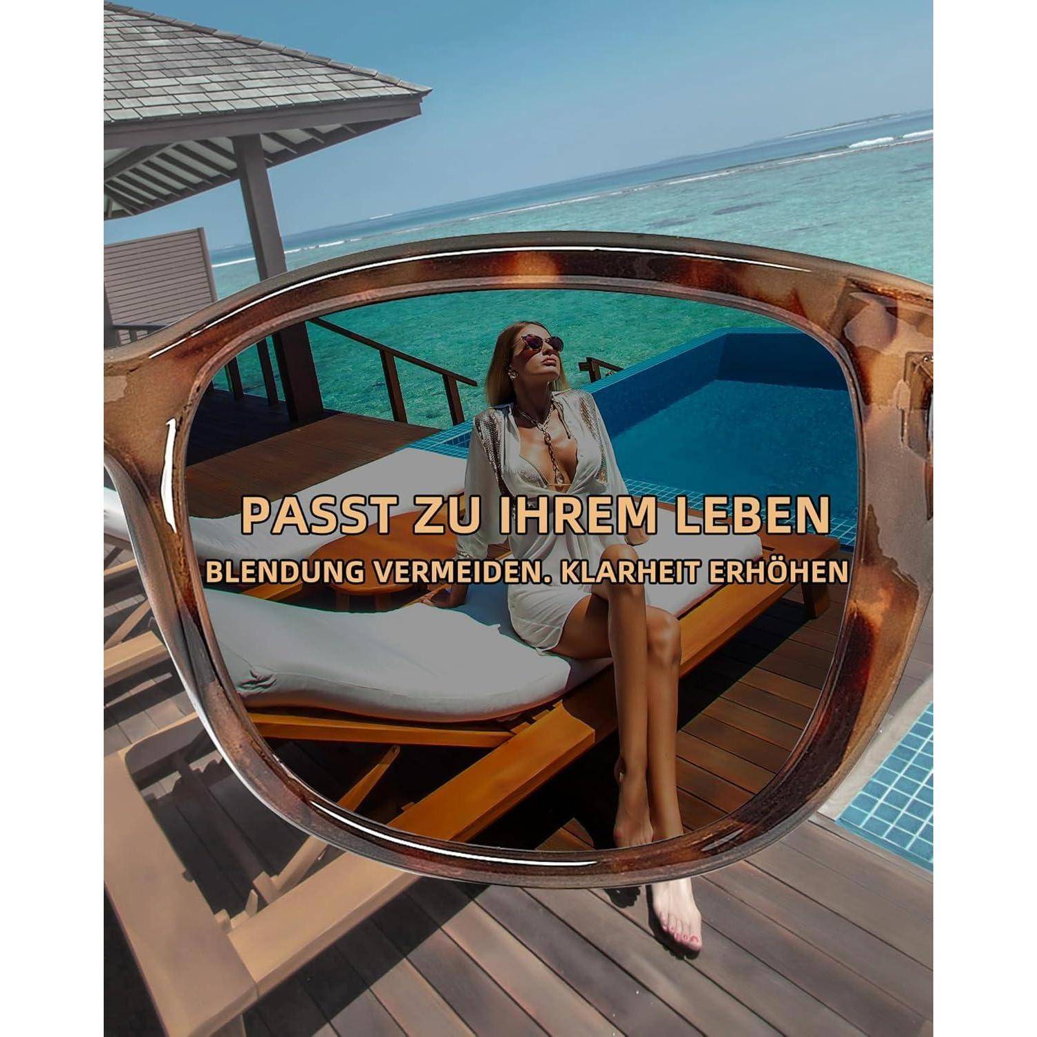 Übergroße Sonnenbrillen bei einer Frau, die sich am Pool entspannt, mit deutschem Text „PASST ZU IHREM LEBEN