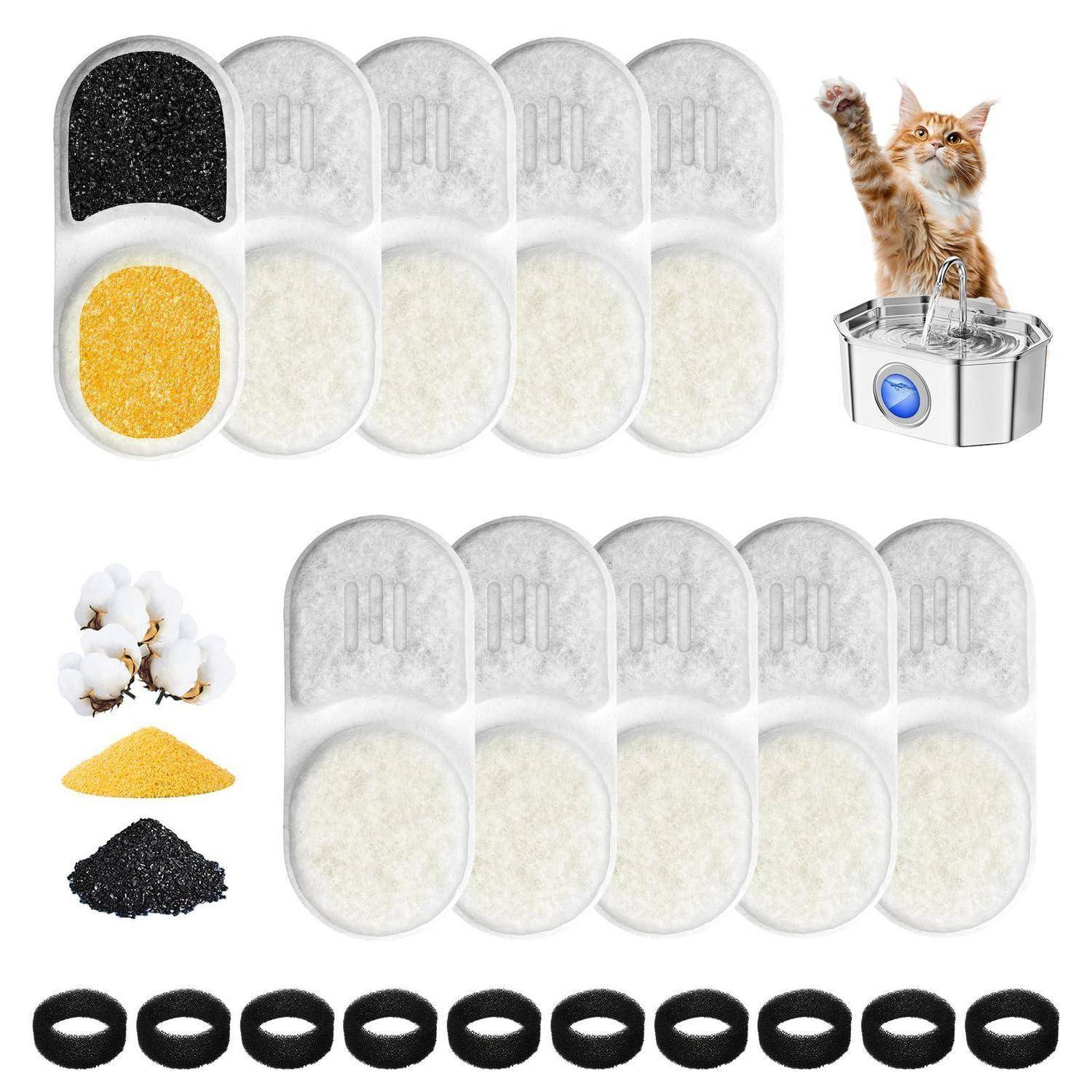Satz wiederverwendbarer Katzenstreu-Filtereinlagen und schwarzer Schaumstoffringe, gezeigt mit einer Katze, die eine Katzentoilette benutzt, und Beispielen von Aktivkohle-, Baumwoll- und Silicagel-Materialien.