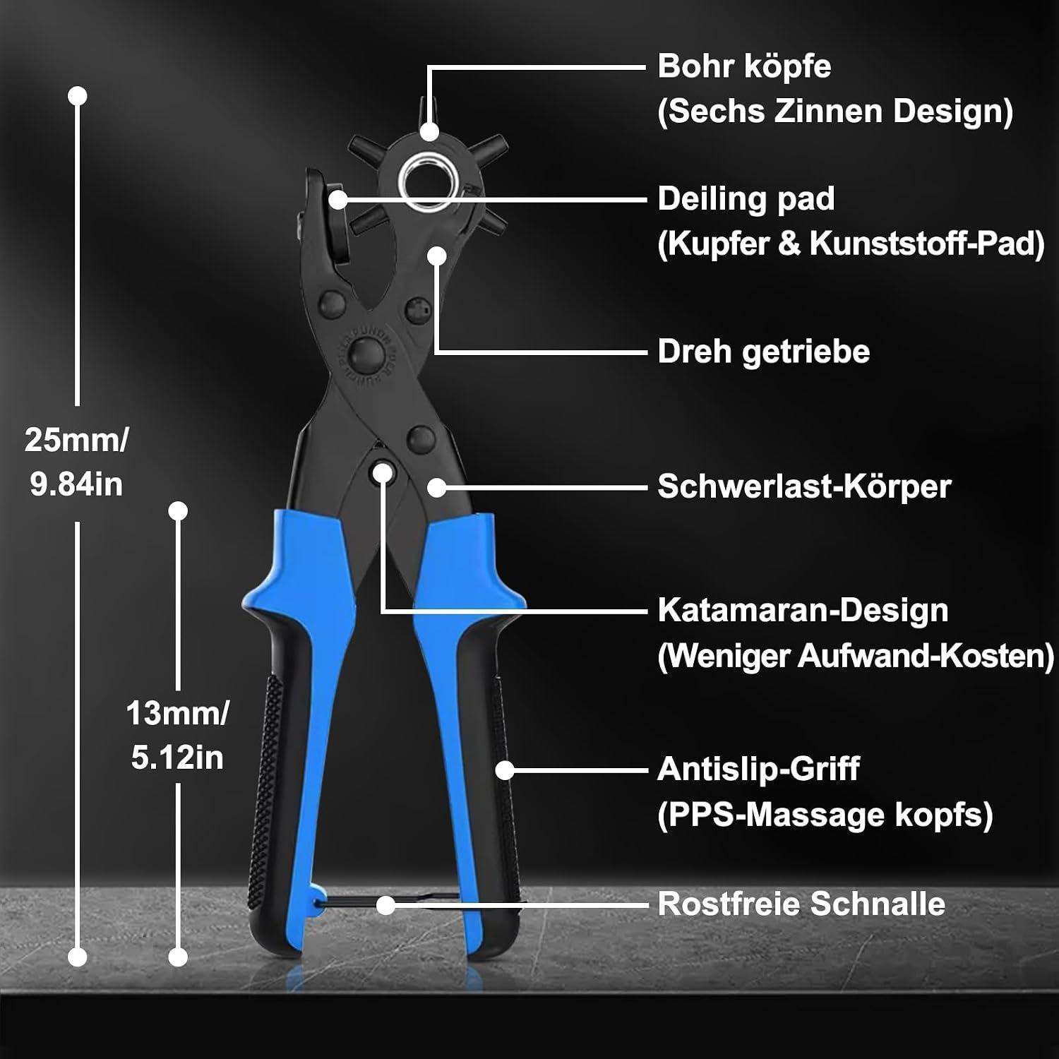 Kommentiertes Foto einer Kabelschere mit beschrifteten Teilen und Größen: 25 mm/9,84 Zoll und 13 mm/5,12 Zoll, mit deutschen Beschriftungen für Schneidkopf, Getriebe, Griff und rutschfesten Griff.