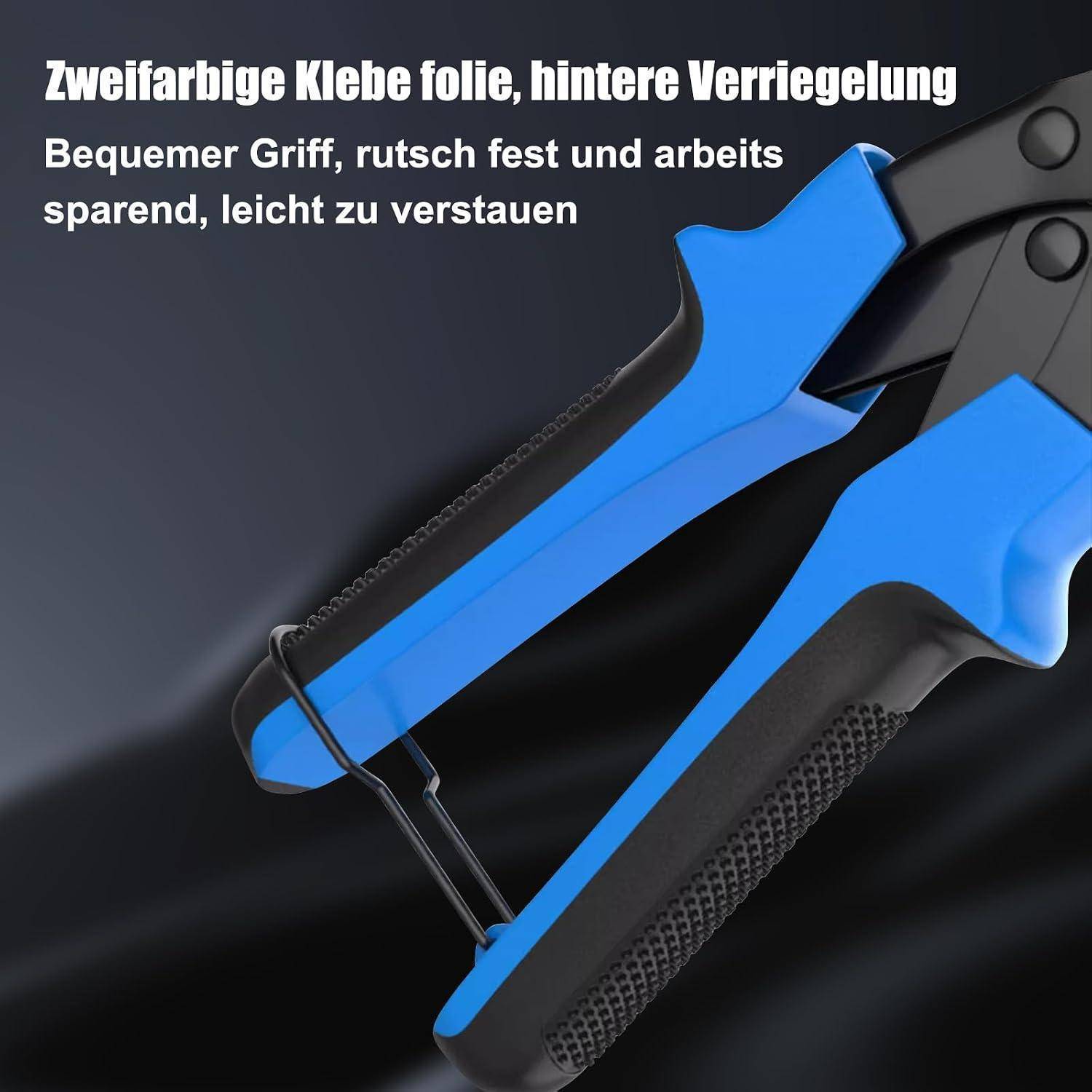 Blau-schwarzes Zweifarben-Klebstoffclip-Werkzeug mit Rückverriegelung, dargestellt als komfortabel, rutschfest, platzsparend und leicht zu lagern.