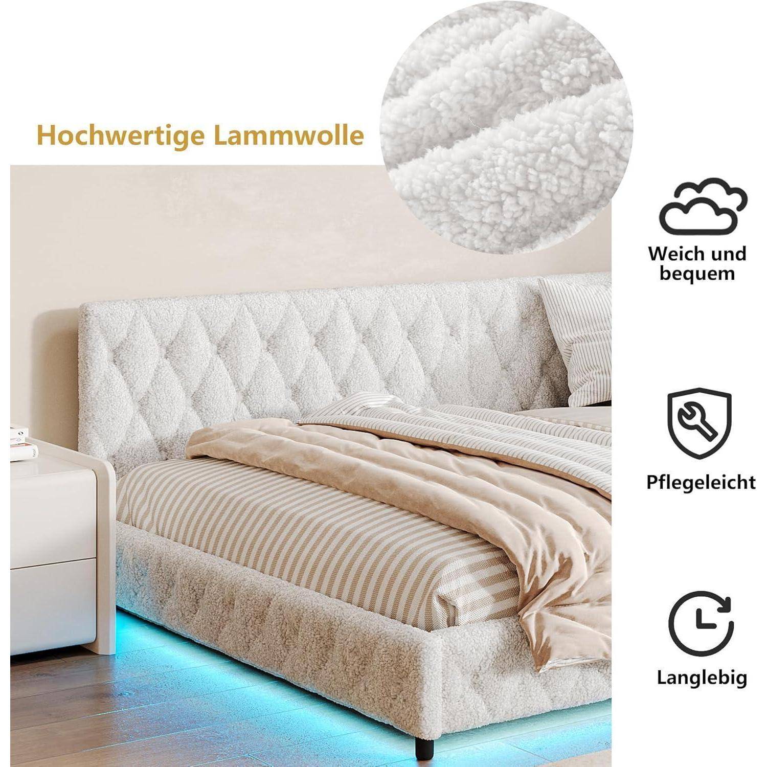 Werbebild eines Bettes mit einem weißen, wollartigen gepolsterten Rahmen und Bettwäsche, mit der Bezeichnung "Hochwertige Lammwolle""; Symbole heben hervor, dass das Material weich, pflegeleicht und langlebig ist.
