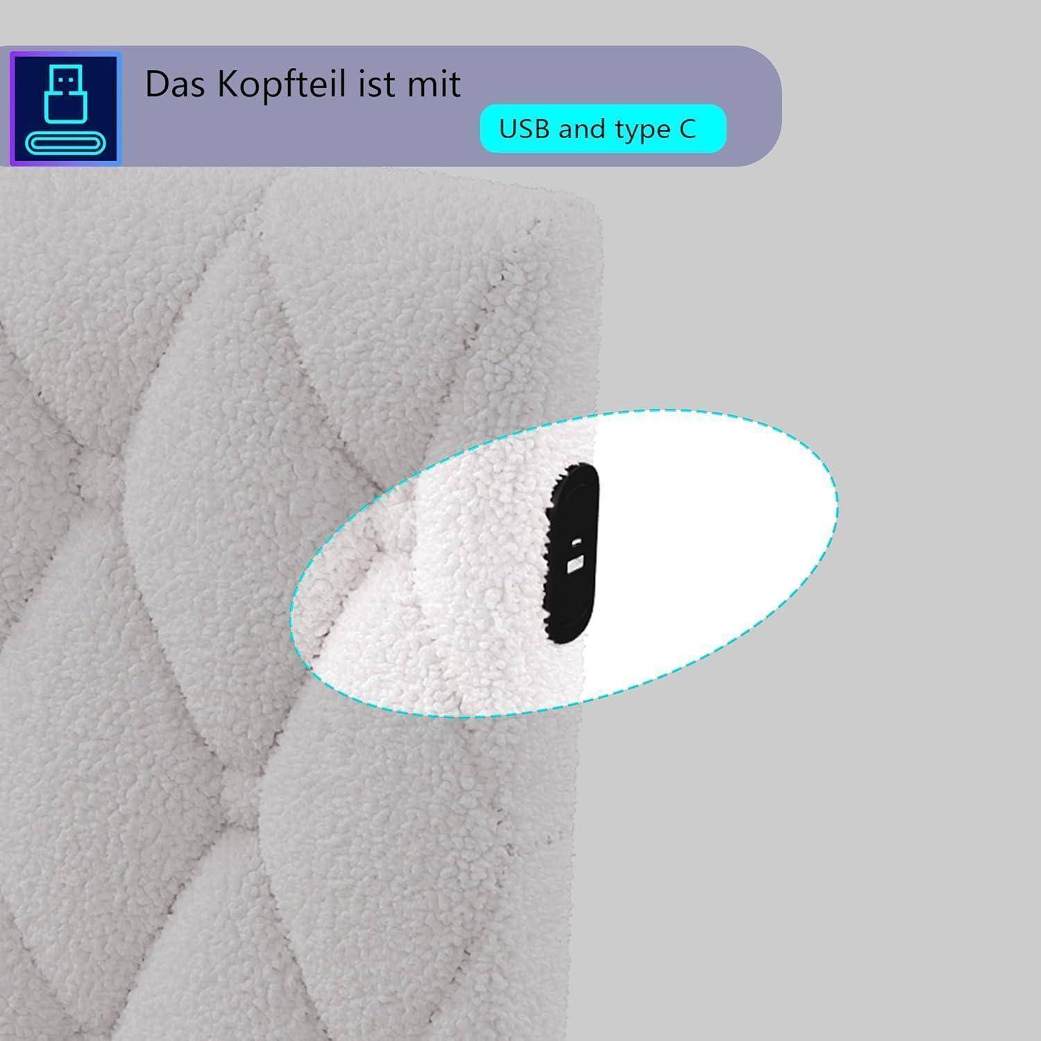 Nahaufnahme einer gesteppten Stoffabdeckung mit einer Aussparung für den Zugang zu "USB- und Type-C""-Anschlüssen.